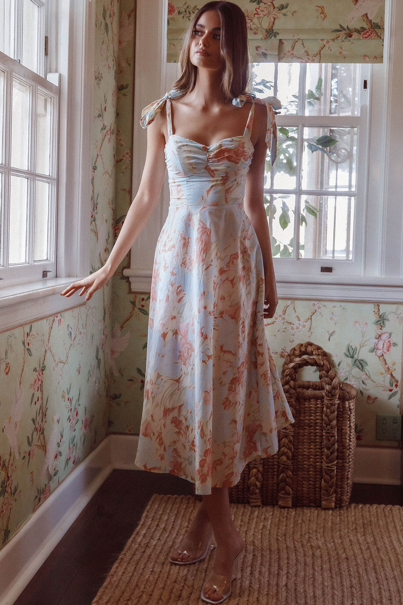 Sweet Pea Tied Shoulder Midi Dress Floral Blue-Maymioy