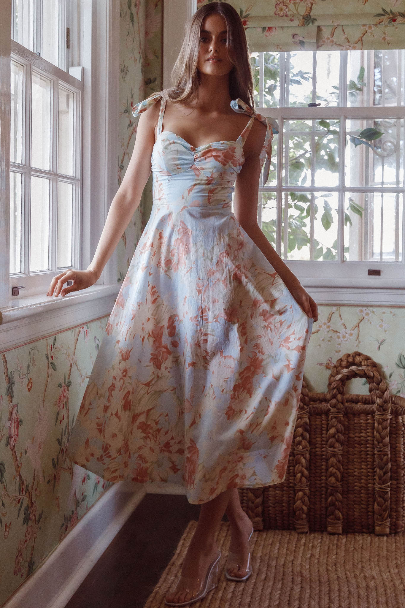 Sweet Pea Tied Shoulder Midi Dress Floral Blue-Maymioy