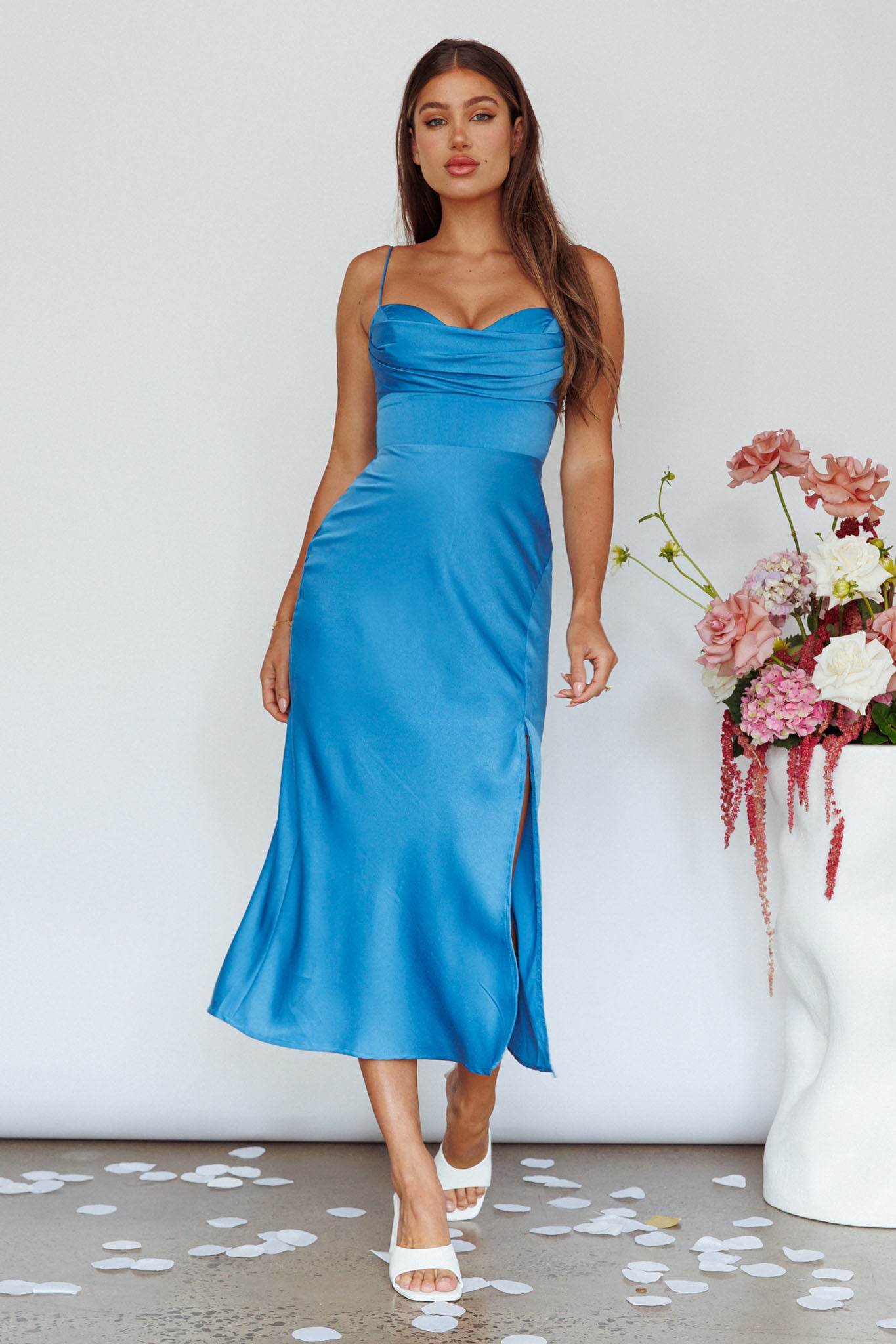 Giorgette Side Split Midi Dress Blue-Maymioy