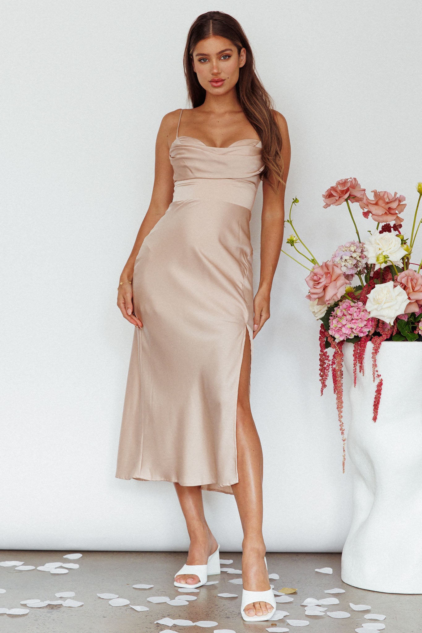 Giorgette Side Split Midi Dress Champagne-Maymioy