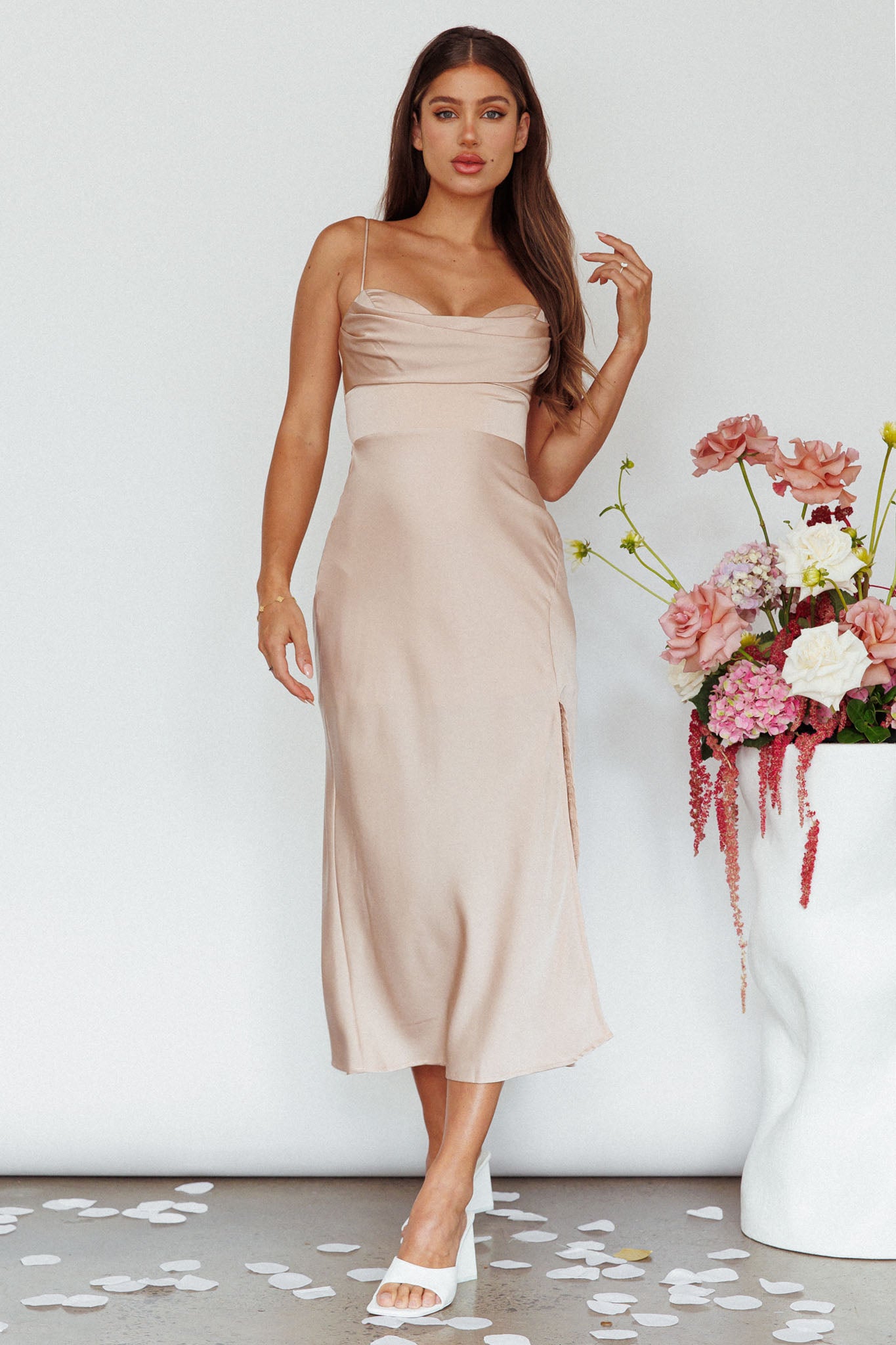 Giorgette Side Split Midi Dress Champagne-Maymioy