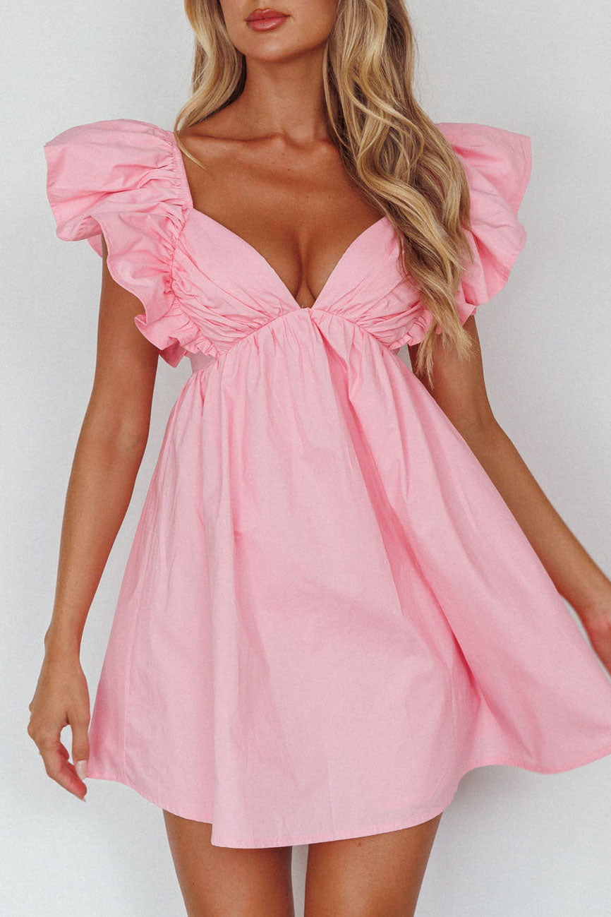 Marlina Ruffle Sleeve Babydoll Mini Dress Soft Pink-Maymioy