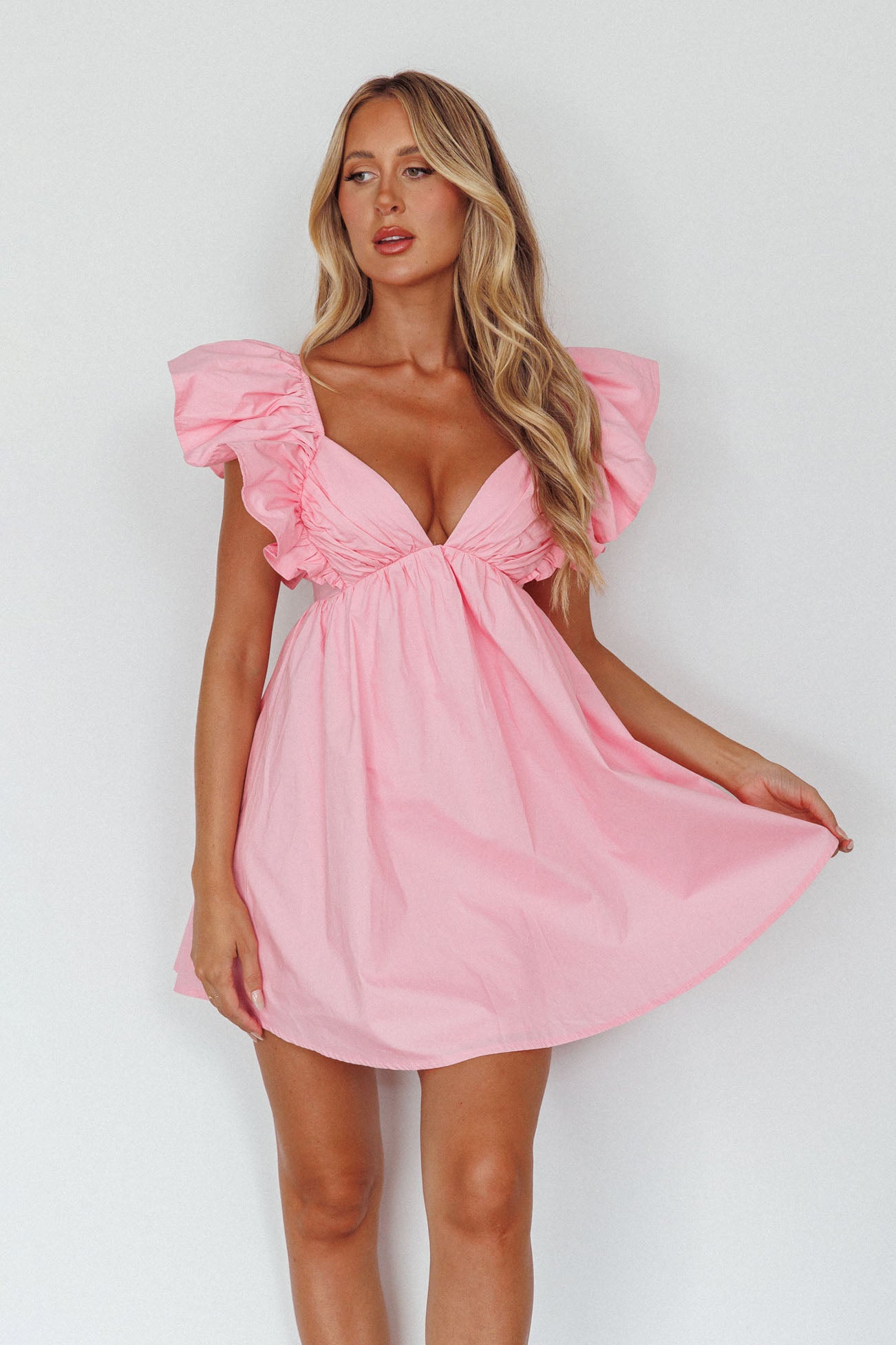 Marlina Ruffle Sleeve Babydoll Mini Dress Soft Pink-Maymioy