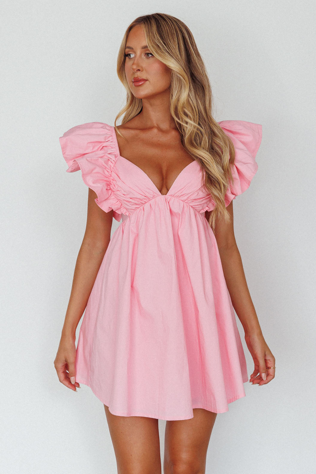 Marlina Ruffle Sleeve Babydoll Mini Dress Soft Pink-Maymioy