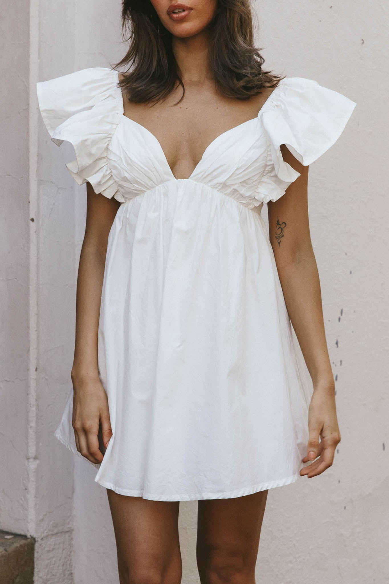 Marlina Ruffle Sleeve Babydoll Mini Dress White-Maymioy