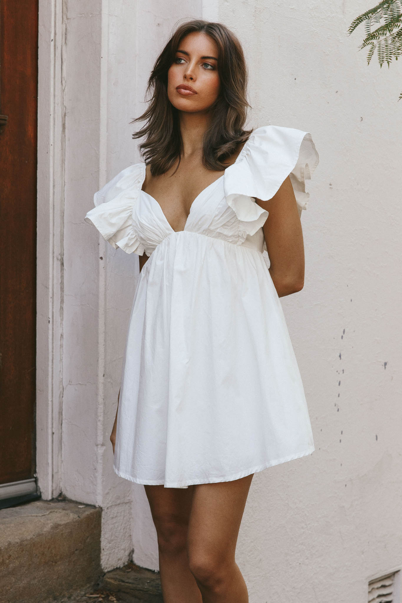 Marlina Ruffle Sleeve Babydoll Mini Dress White-Maymioy