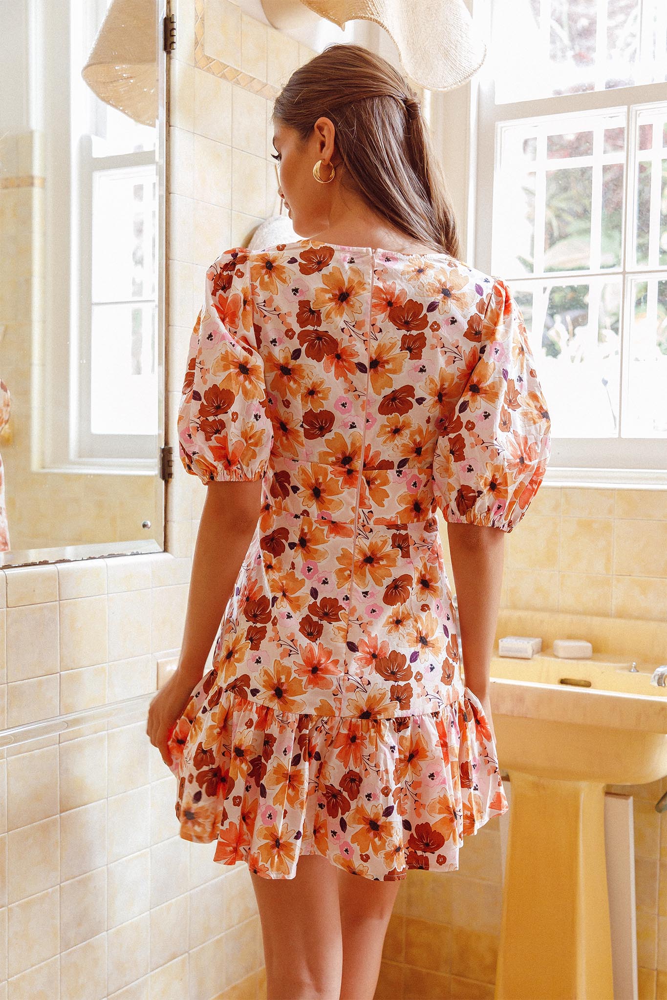 Jemilia Cut-Out Bust Flounce Mini Dress Floral Pink-Maymioy