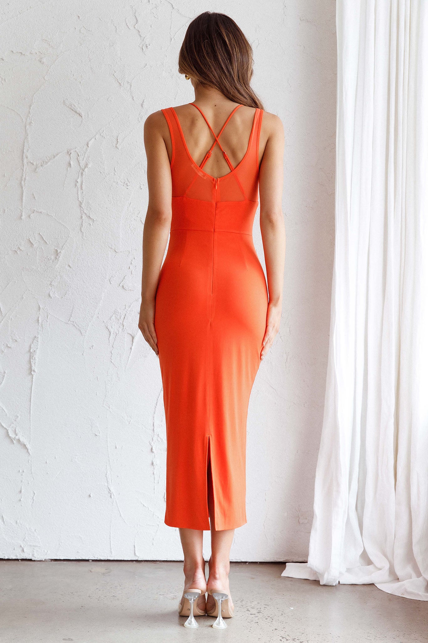 Charice Mesh Bodice Overlay Midi Dress Orange-Maymioy