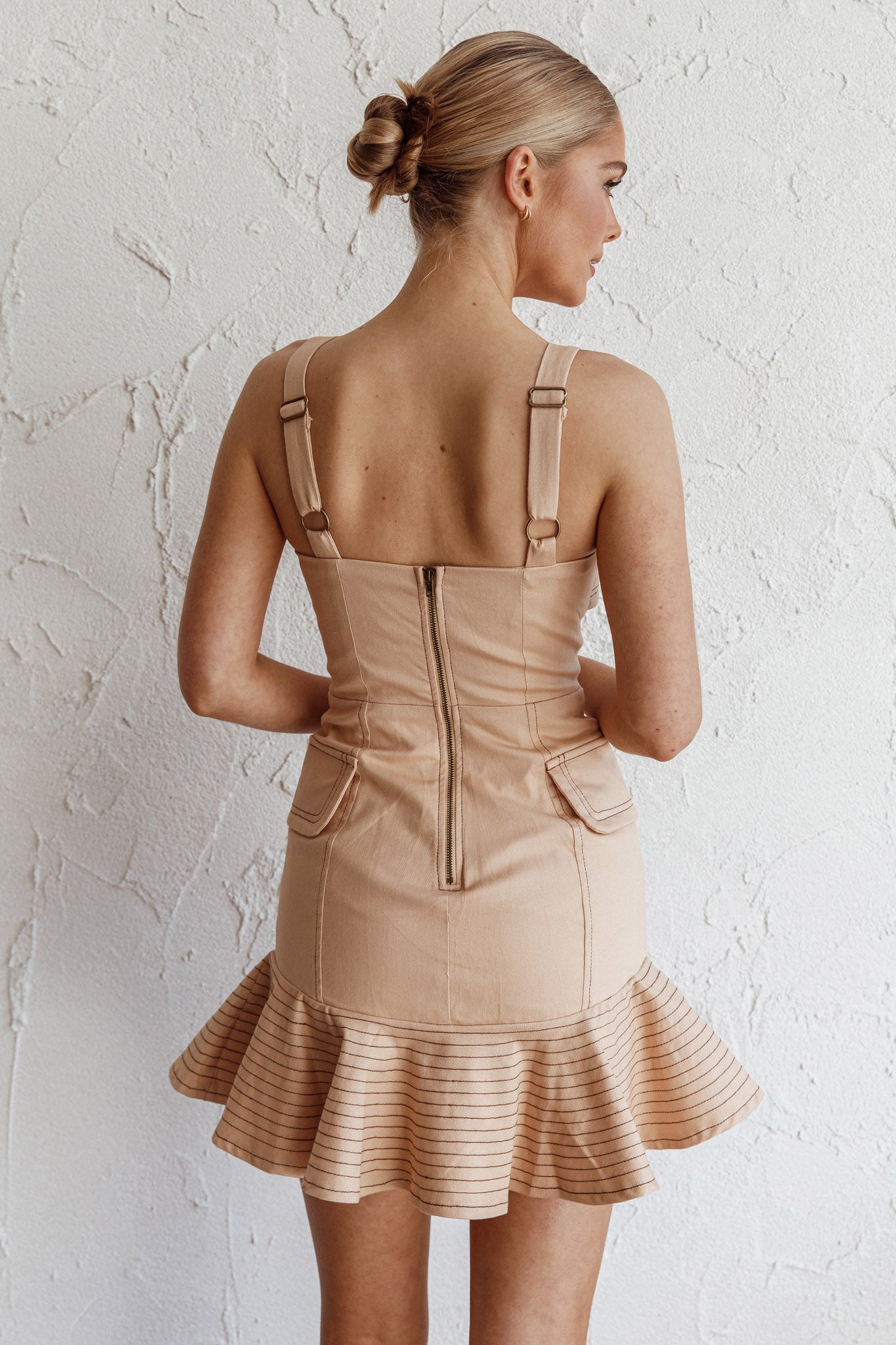 Riverside Ruffle Hem Mini Dress Oat-Maymioy