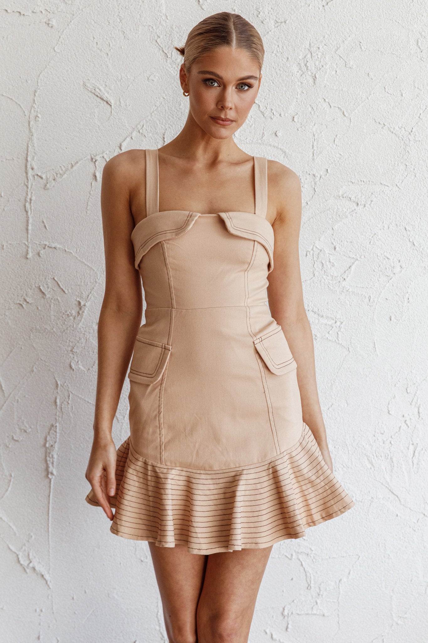Riverside Ruffle Hem Mini Dress Oat-Maymioy