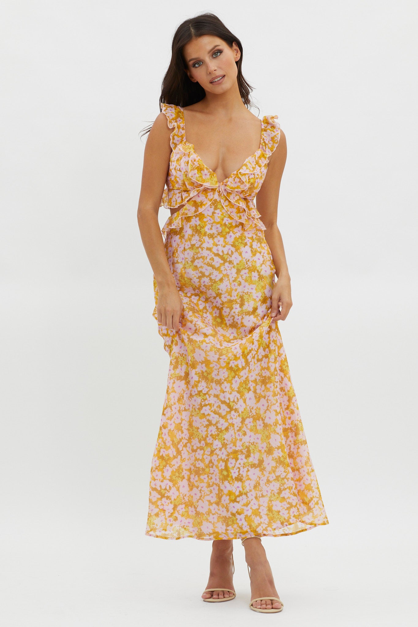 Second Chances Ruffle Trim Maxi Dress Flowers Yellow-Maymioy