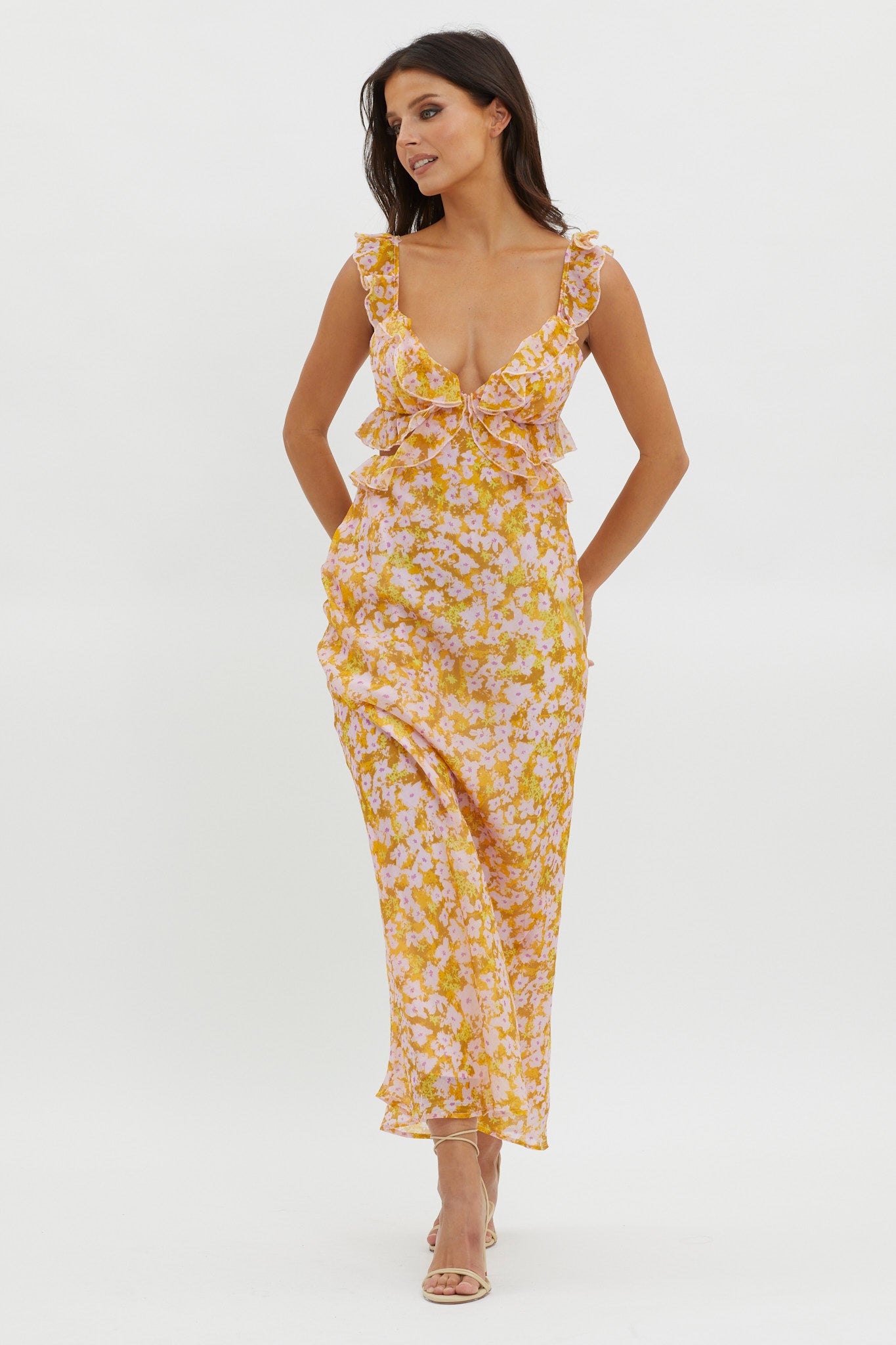 Second Chances Ruffle Trim Maxi Dress Flowers Yellow-Maymioy