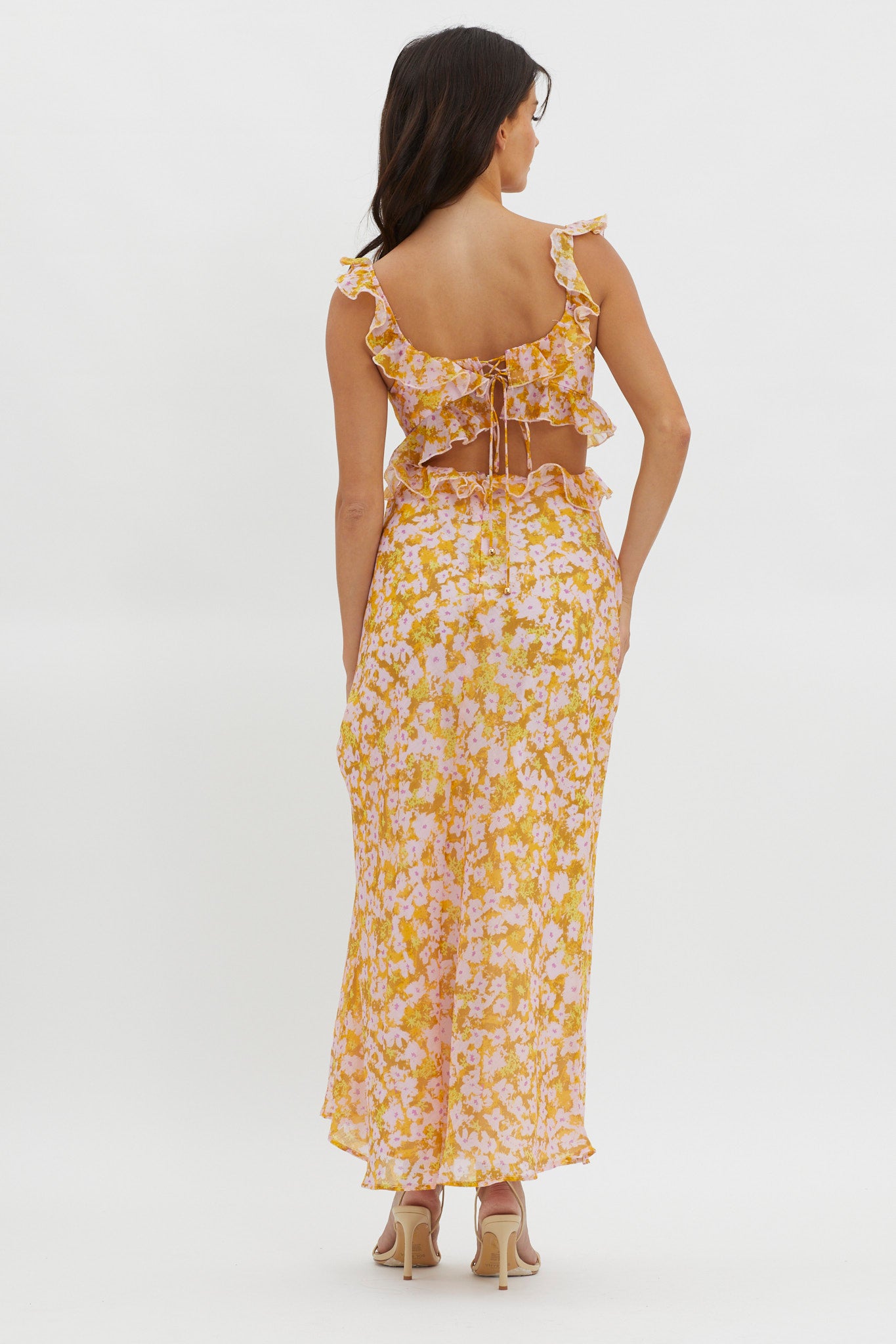 Second Chances Ruffle Trim Maxi Dress Flowers Yellow-Maymioy