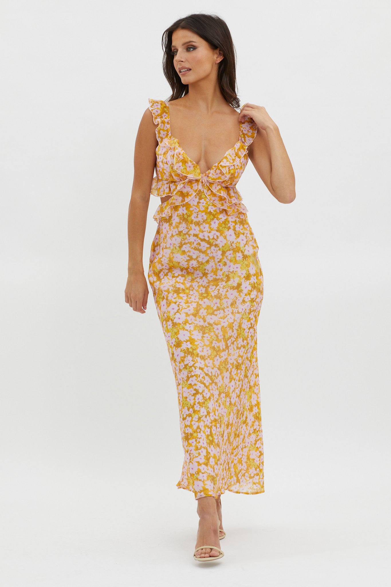 Second Chances Ruffle Trim Maxi Dress Flowers Yellow-Maymioy