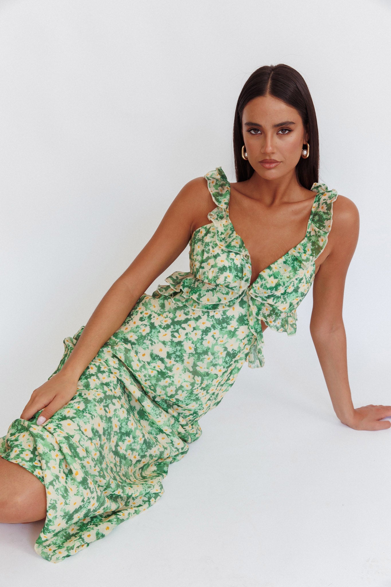 Second Chances Ruffle Trim Maxi Dress Flowers Green-Maymioy