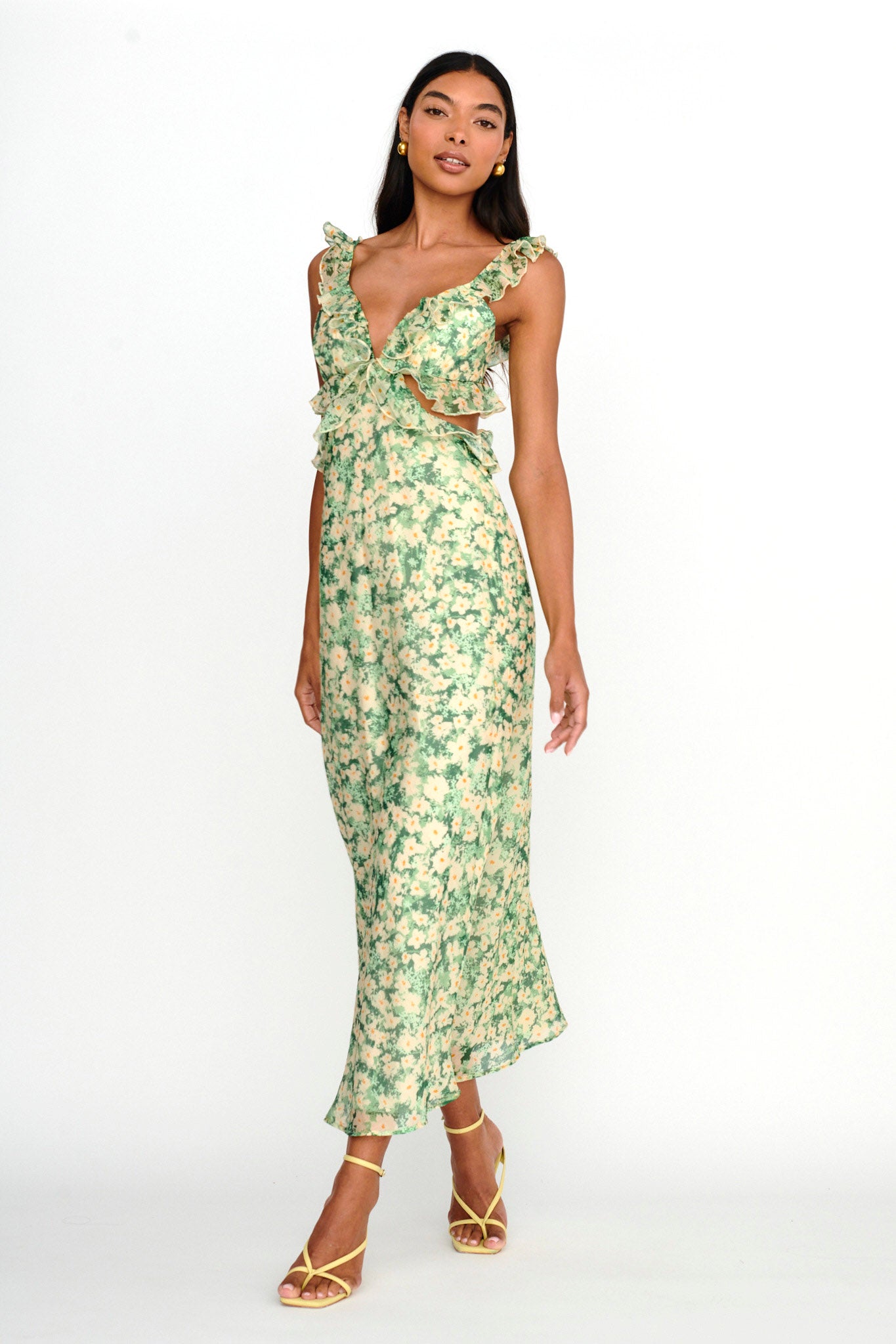 Second Chances Ruffle Trim Maxi Dress Flowers Green-Maymioy