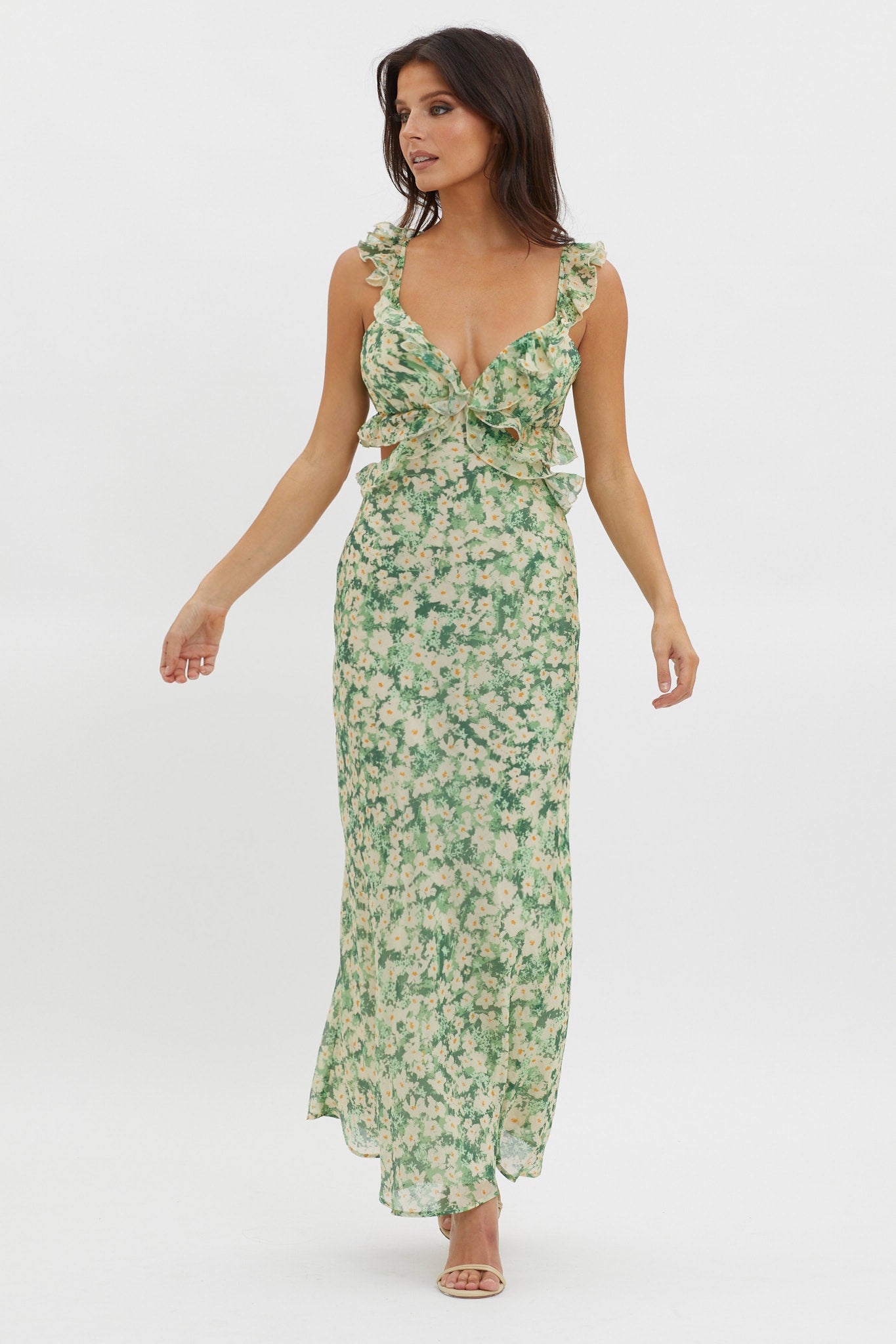 Second Chances Ruffle Trim Maxi Dress Flowers Green-Maymioy