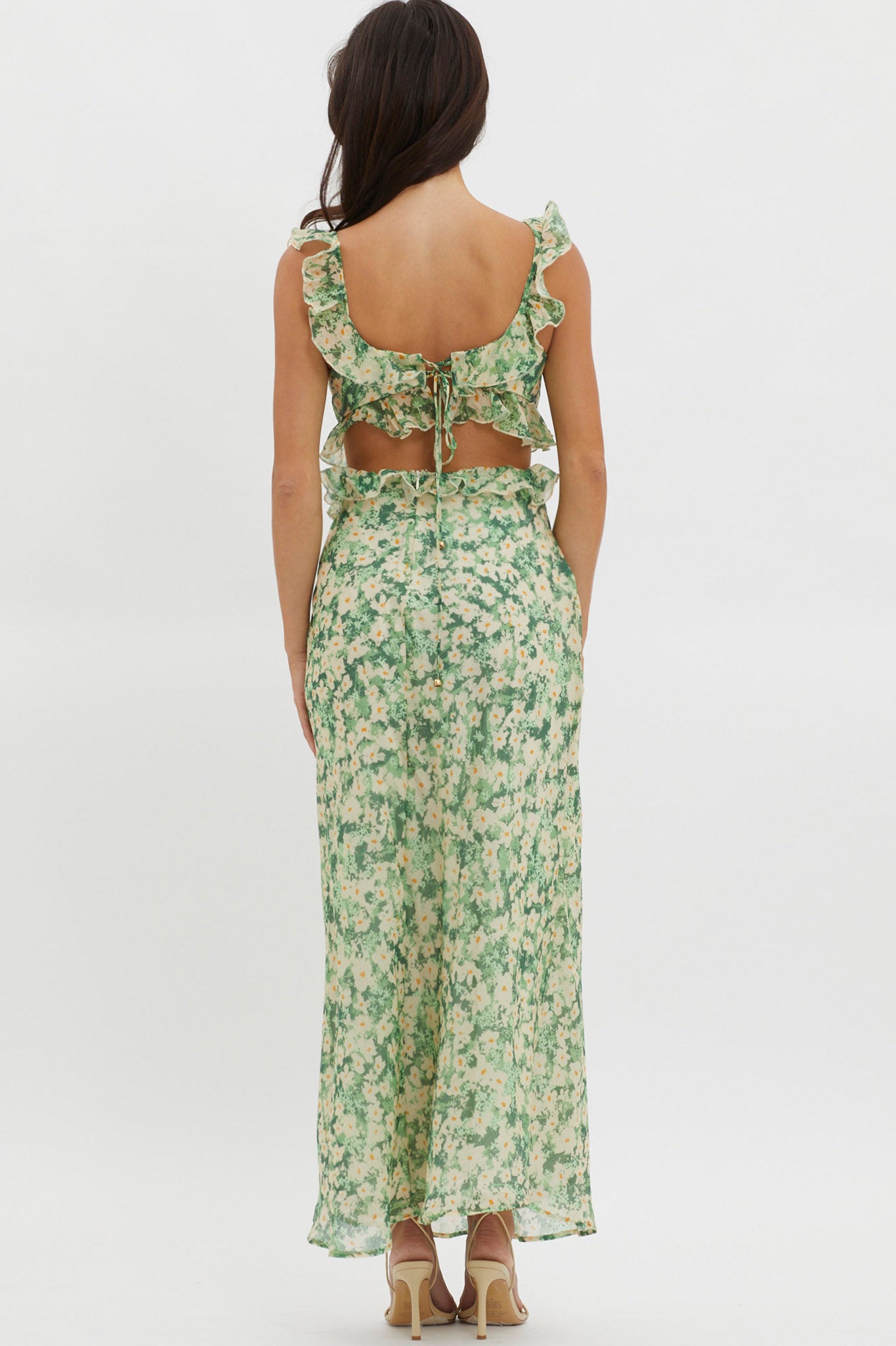 Second Chances Ruffle Trim Maxi Dress Flowers Green-Maymioy