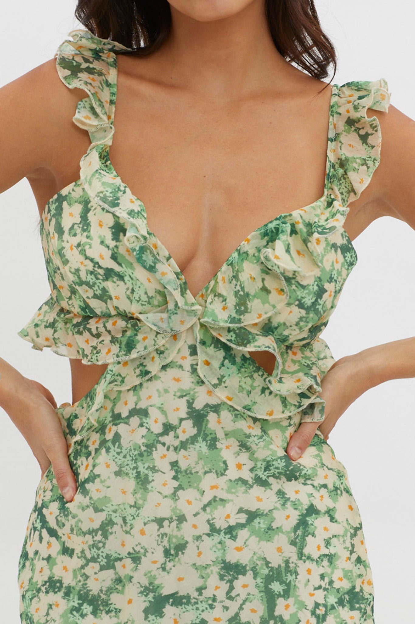 Second Chances Ruffle Trim Maxi Dress Flowers Green-Maymioy