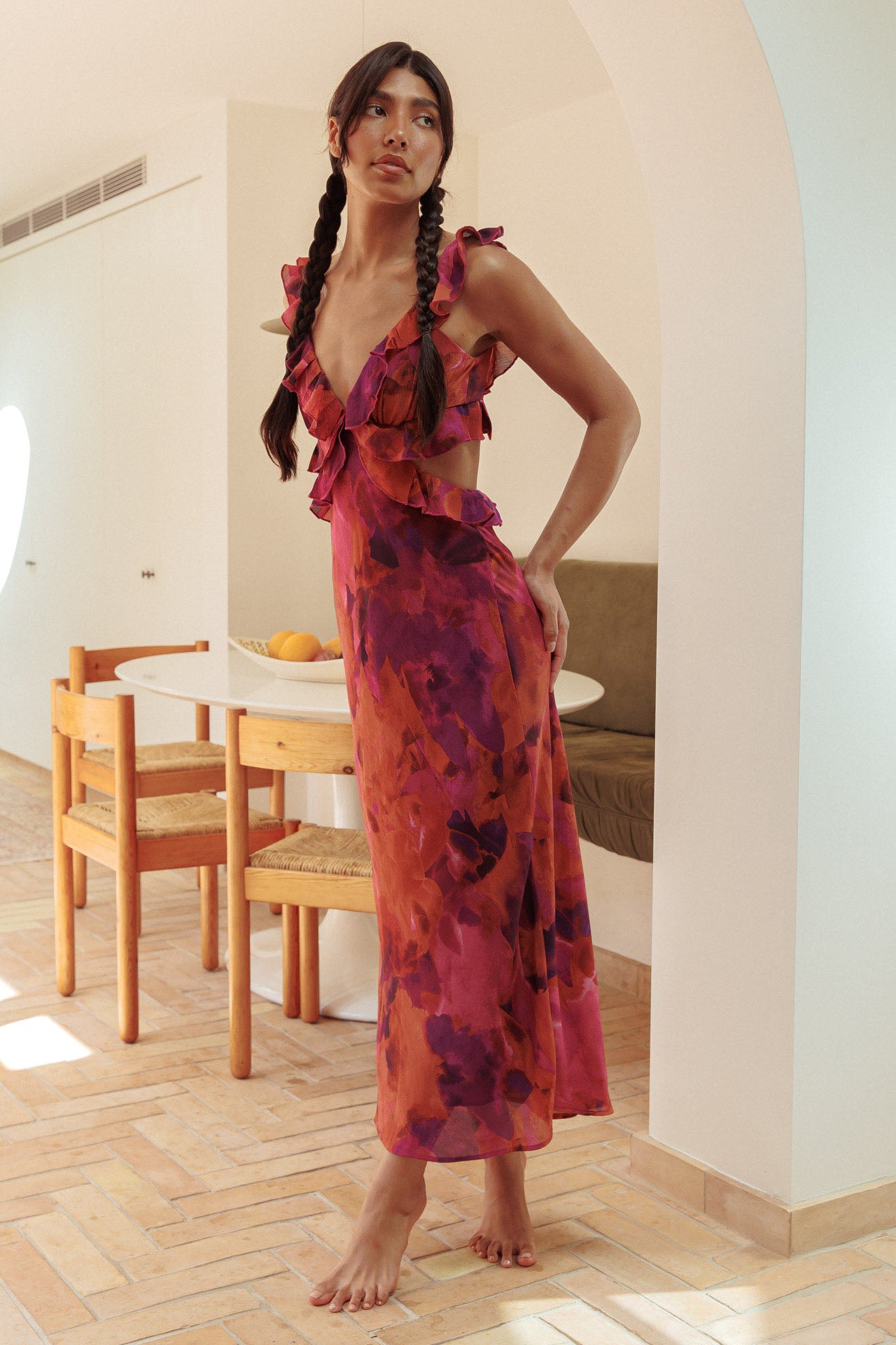 Second Chances Ruffle Trim Maxi Dress Flowers Dark Rose-Maymioy
