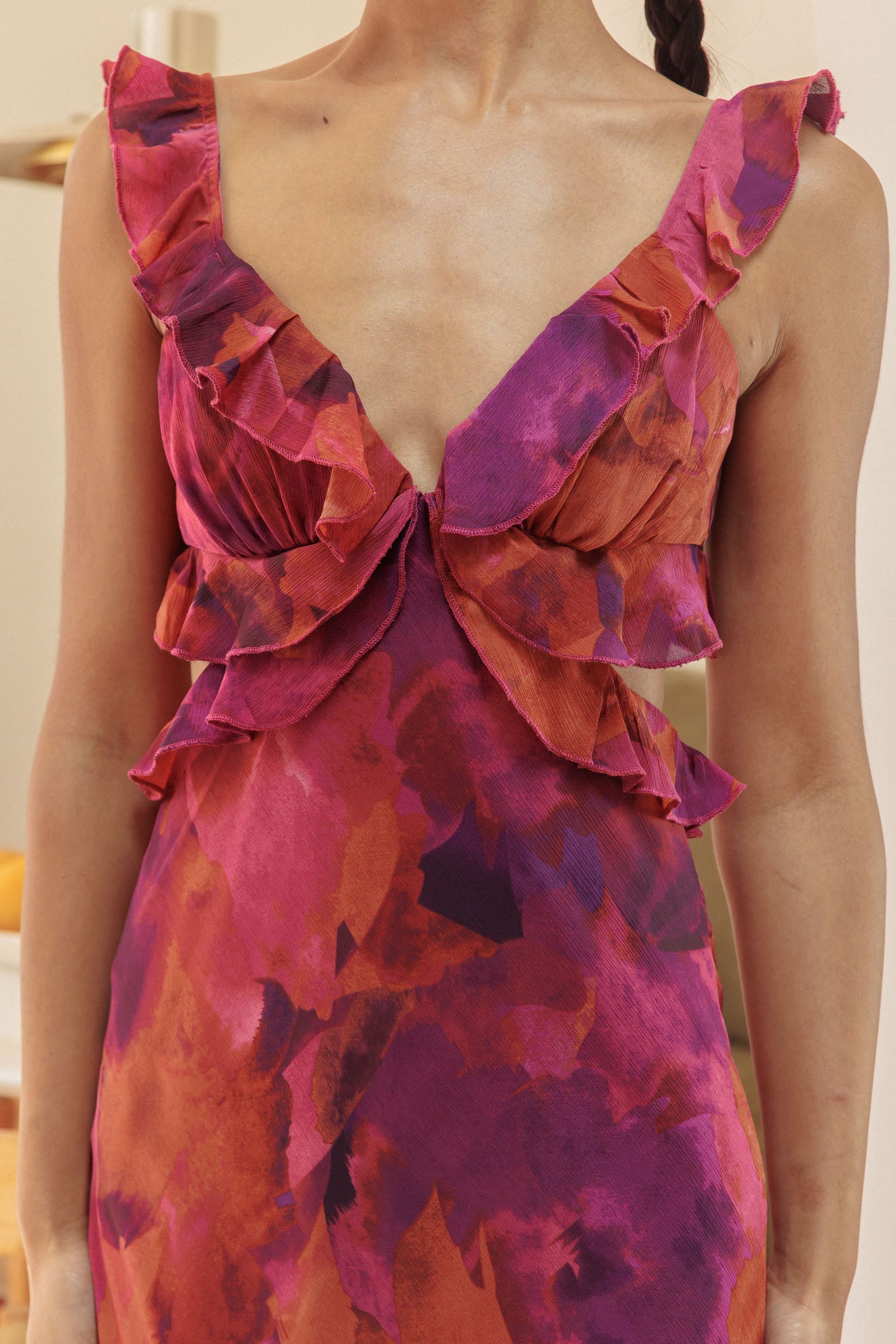 Second Chances Ruffle Trim Maxi Dress Flowers Dark Rose-Maymioy