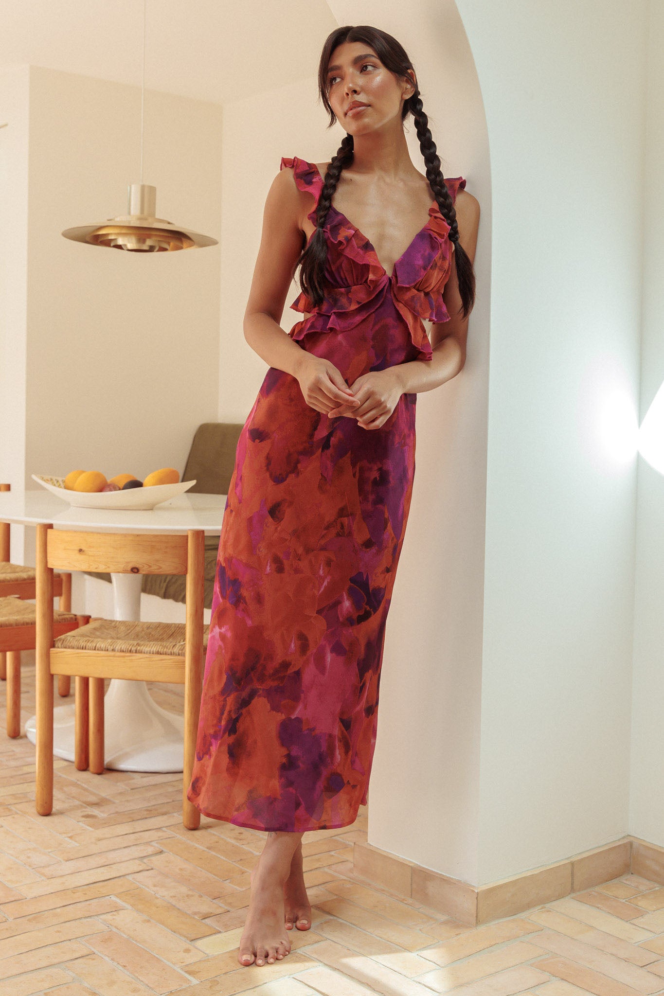Second Chances Ruffle Trim Maxi Dress Flowers Dark Rose-Maymioy