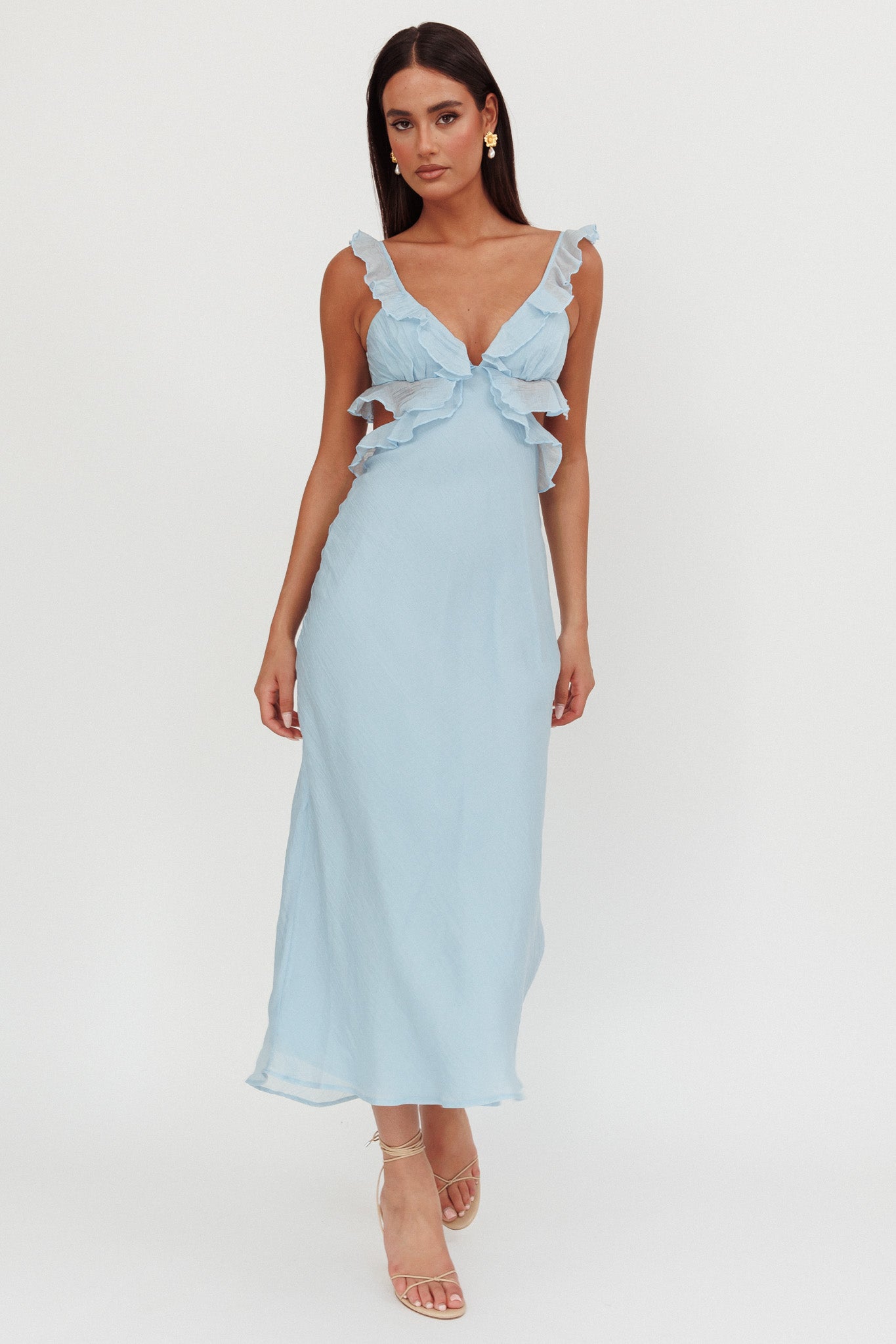 Second Chances Ruffle Trim Maxi Dress Blue-Maymioy