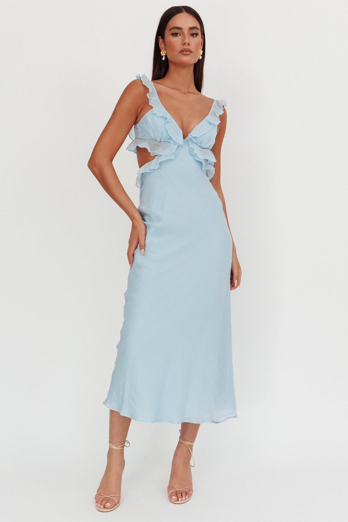 Second Chances Ruffle Trim Maxi Dress Blue-Maymioy