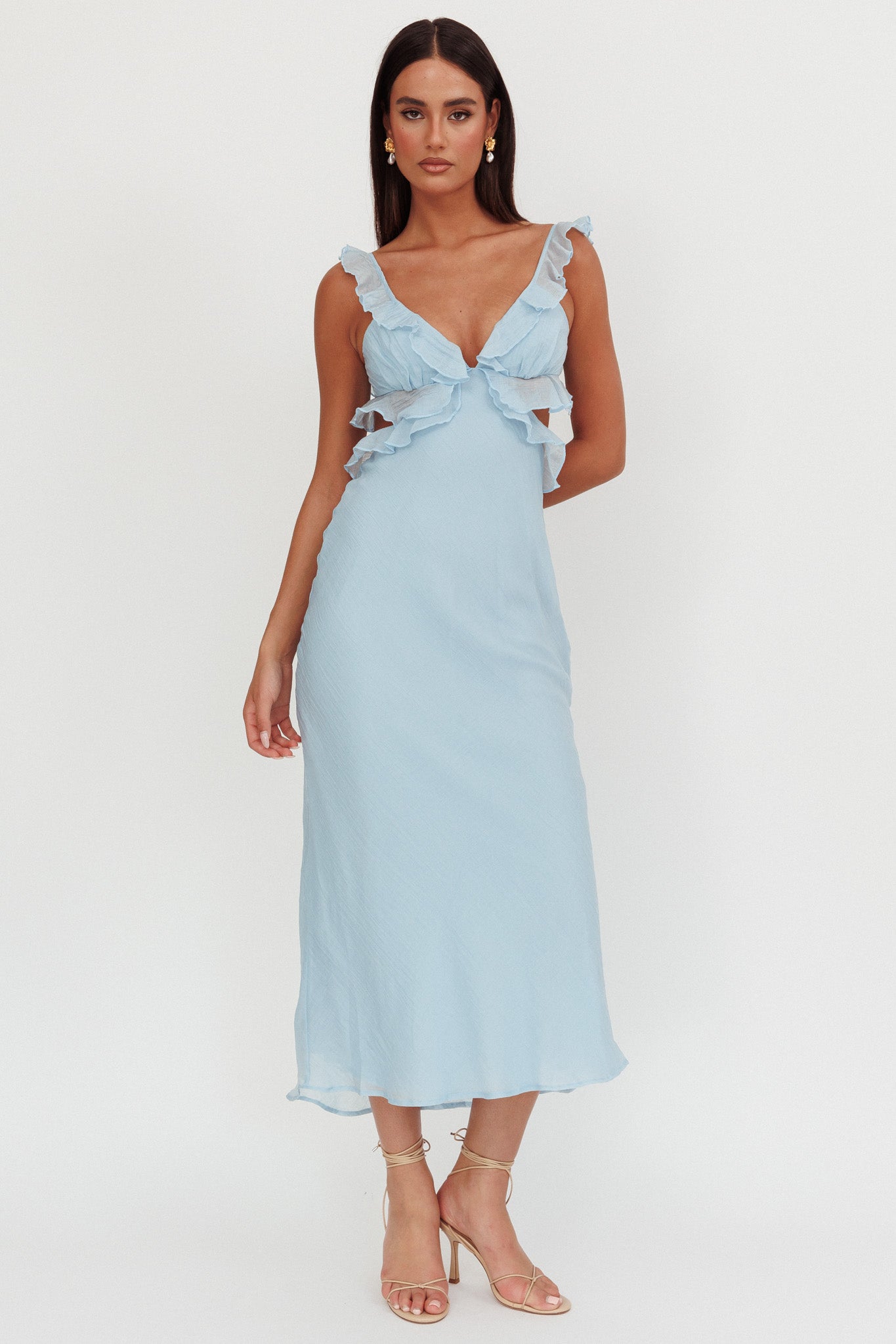 Second Chances Ruffle Trim Maxi Dress Blue-Maymioy