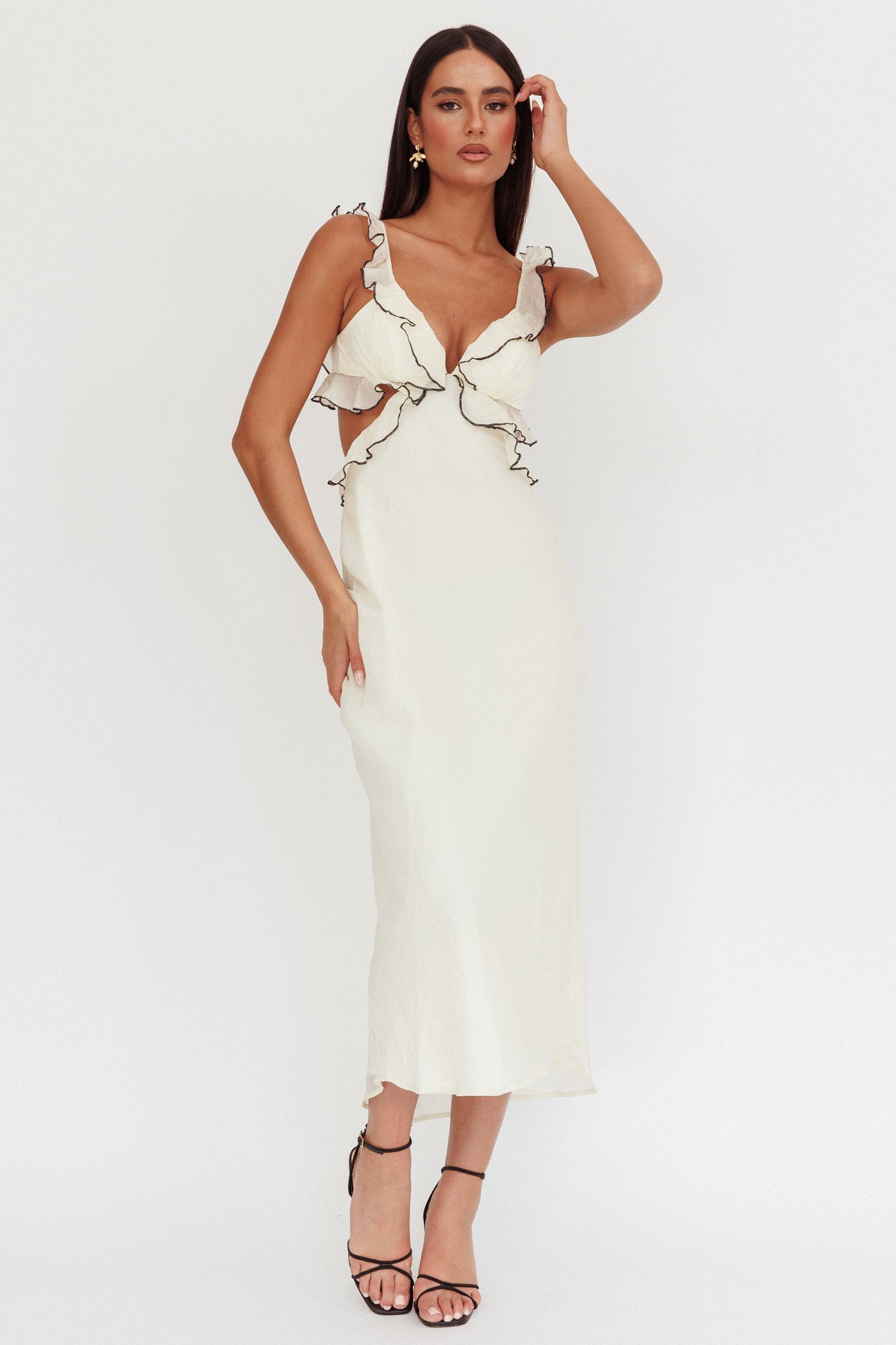 Second Chances Ruffle Trim Maxi Dress Contrast Cream-Maymioy