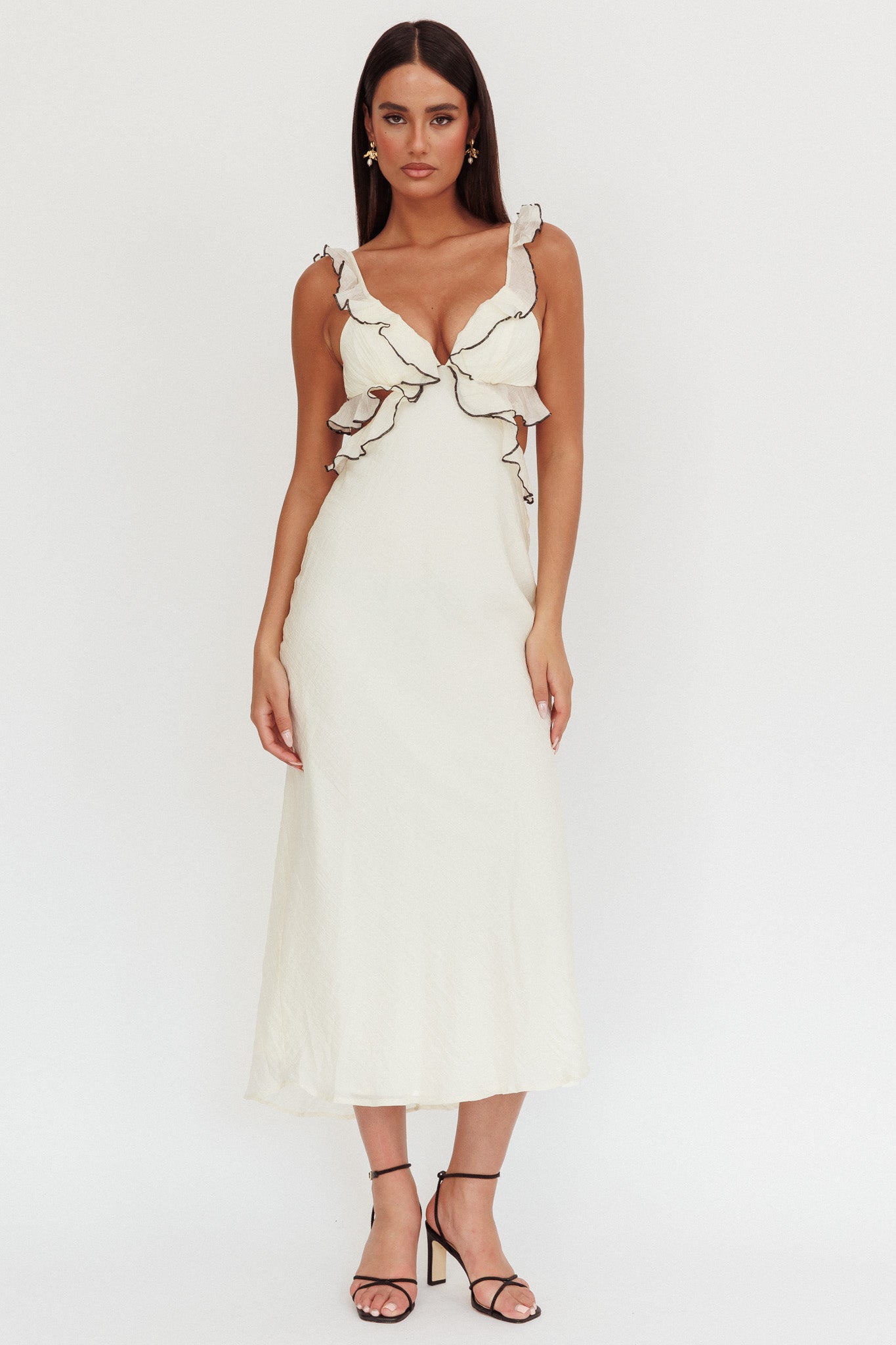 Second Chances Ruffle Trim Maxi Dress Contrast Cream-Maymioy