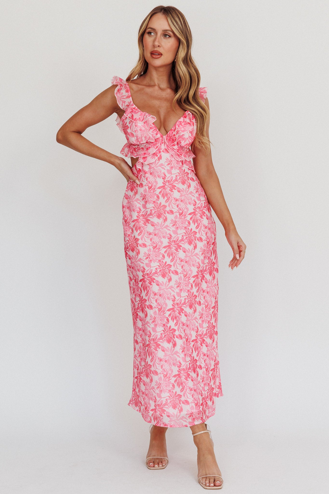 Second Chances Ruffle Trim Maxi Dress Floral Pink-Maymioy