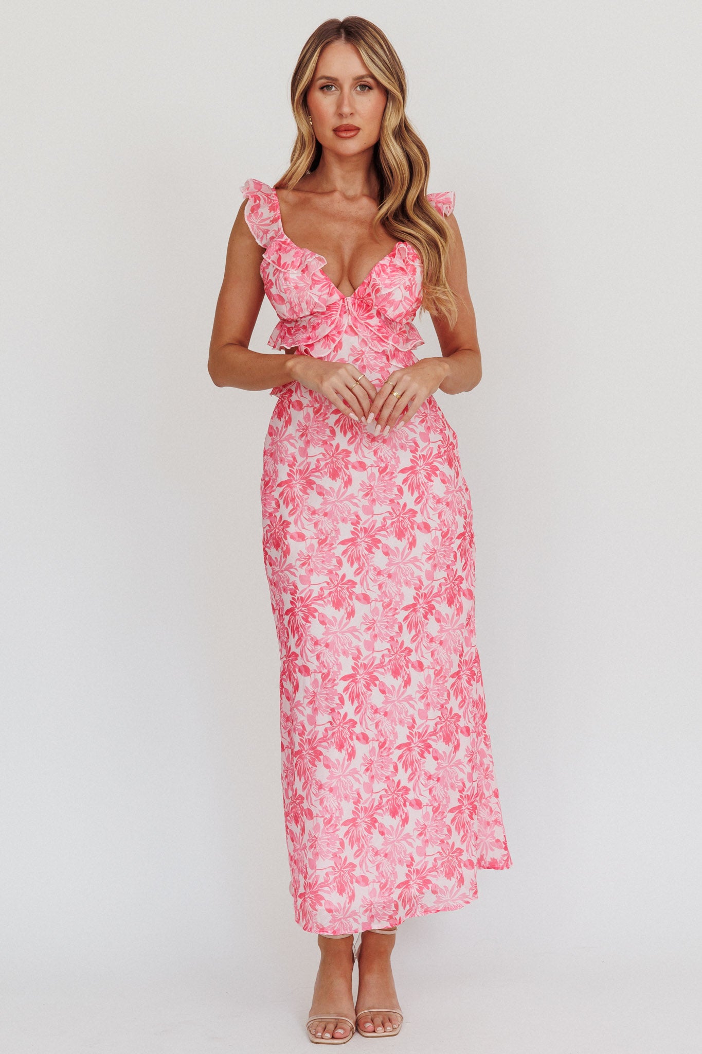 Second Chances Ruffle Trim Maxi Dress Floral Pink-Maymioy