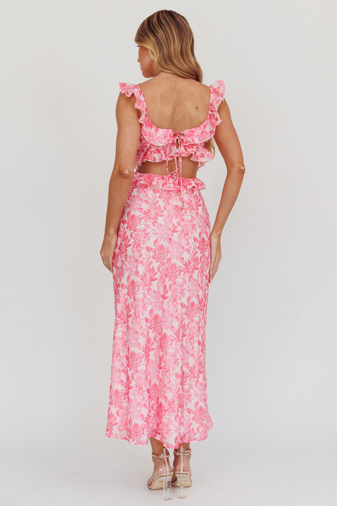 Second Chances Ruffle Trim Maxi Dress Floral Pink-Maymioy