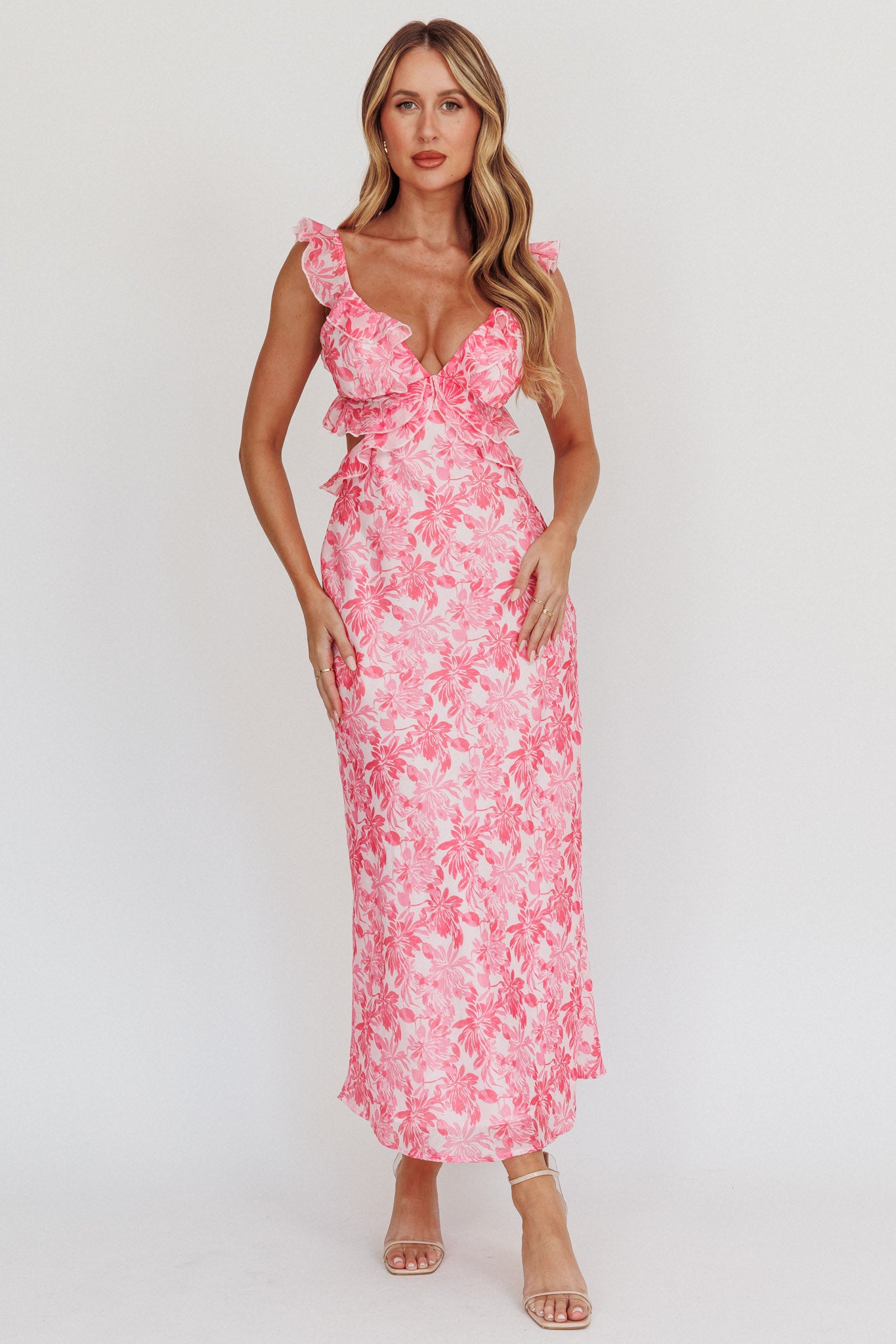 Second Chances Ruffle Trim Maxi Dress Floral Pink-Maymioy