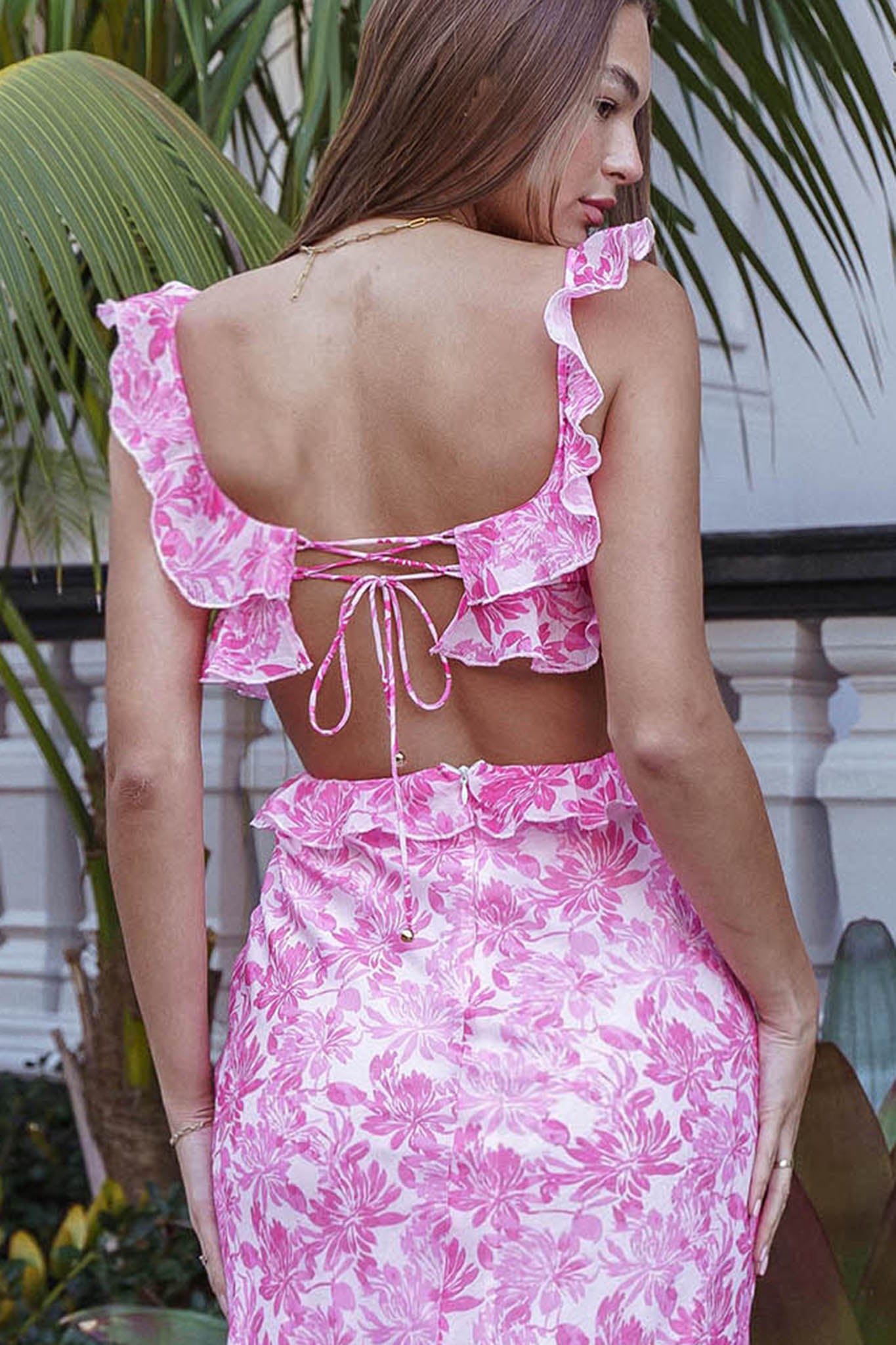 Second Chances Ruffle Trim Maxi Dress Floral Pink-Maymioy