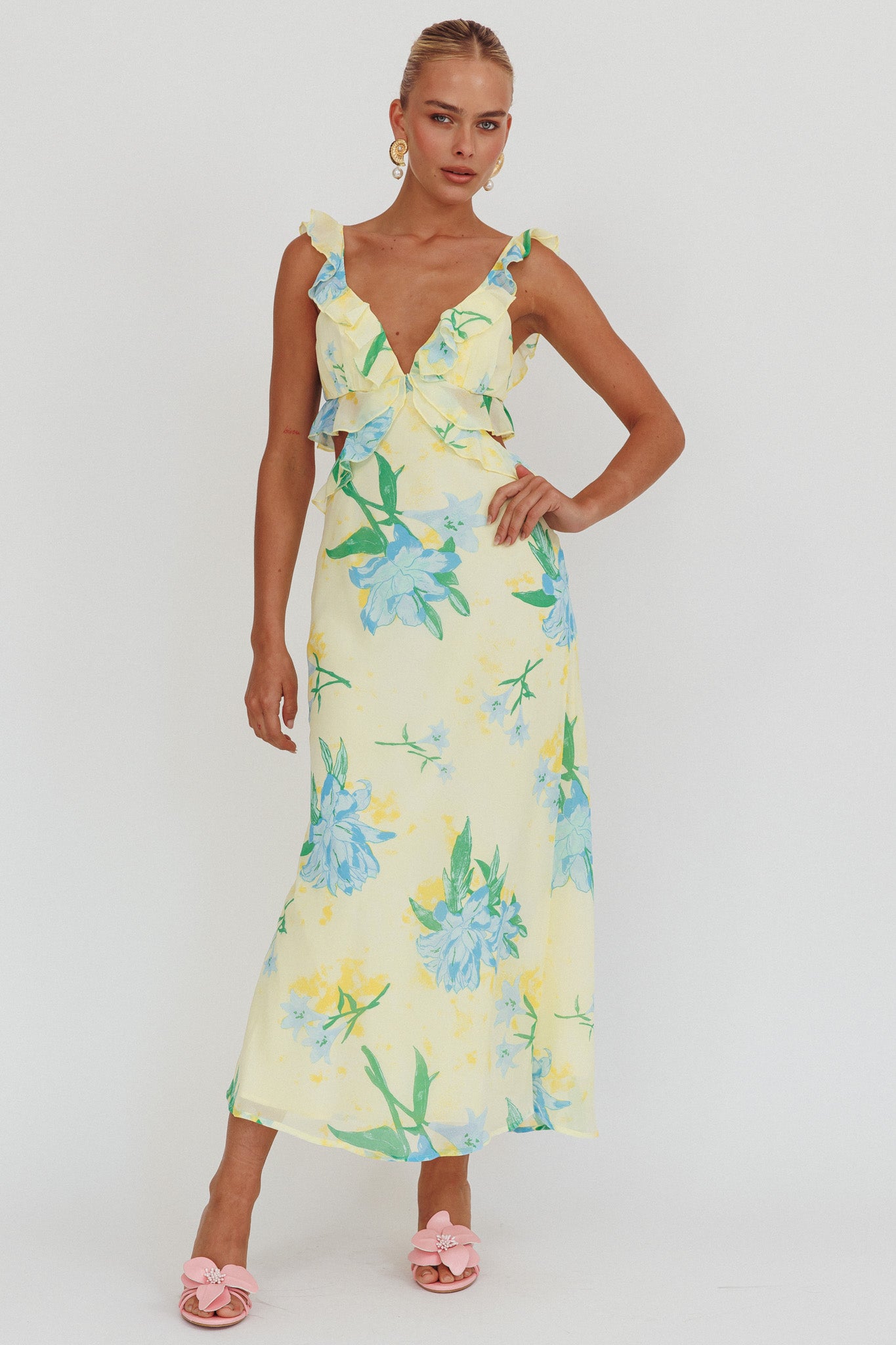 Second Chances Ruffle Trim Maxi Dress Lily Blue-Maymioy