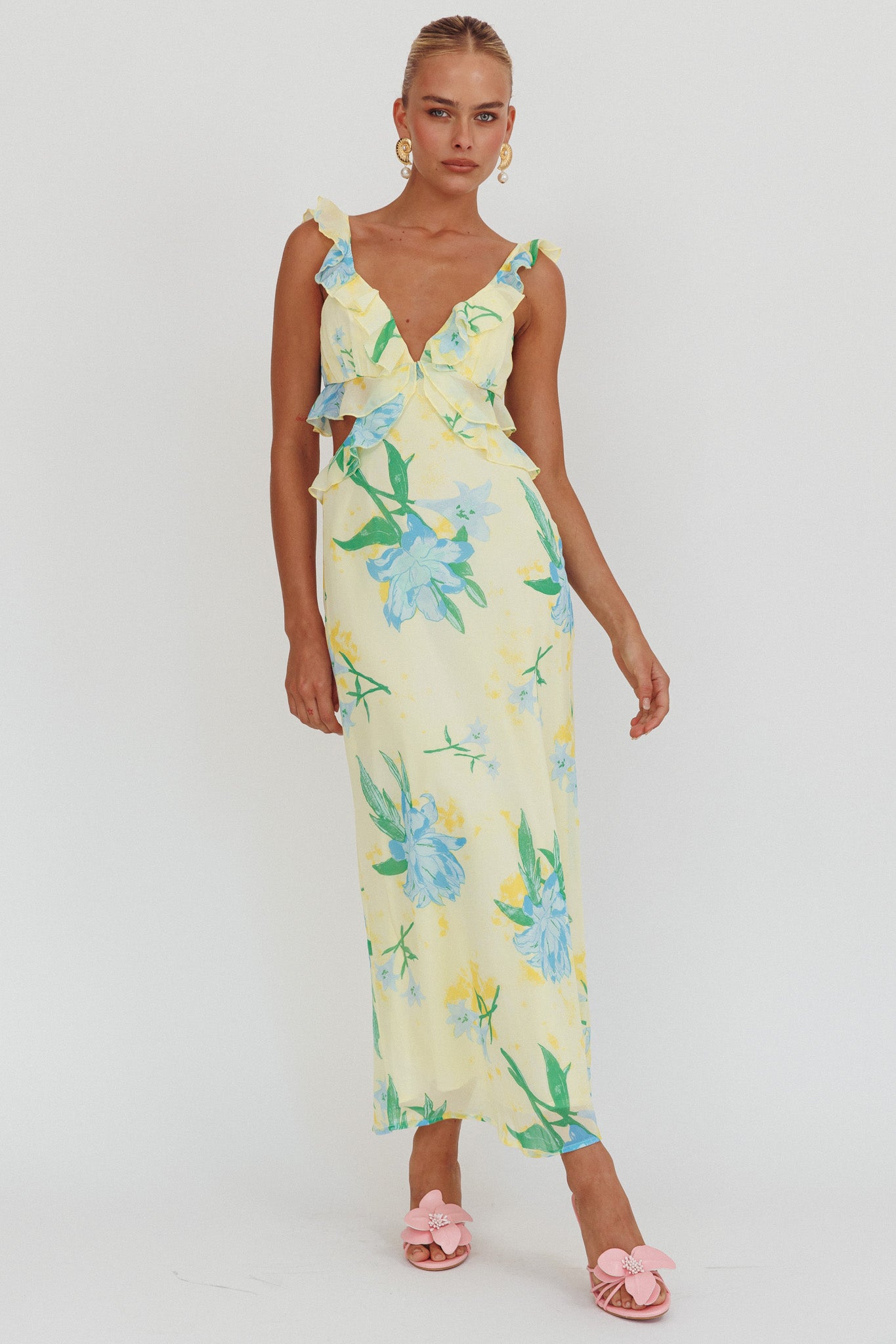 Second Chances Ruffle Trim Maxi Dress Lily Blue-Maymioy
