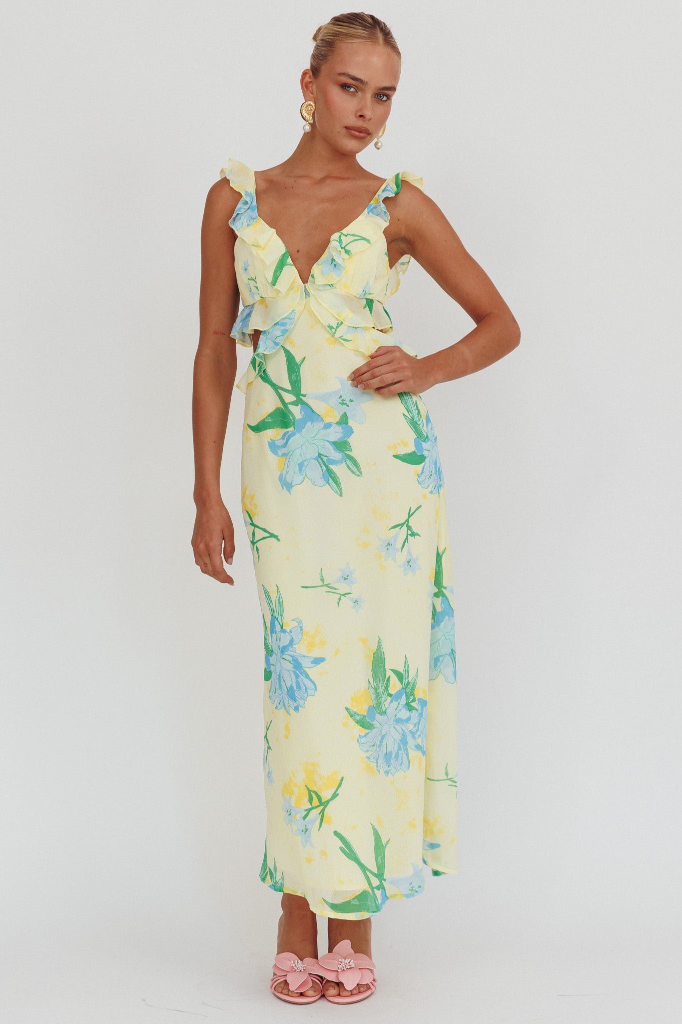 Second Chances Ruffle Trim Maxi Dress Lily Blue-Maymioy