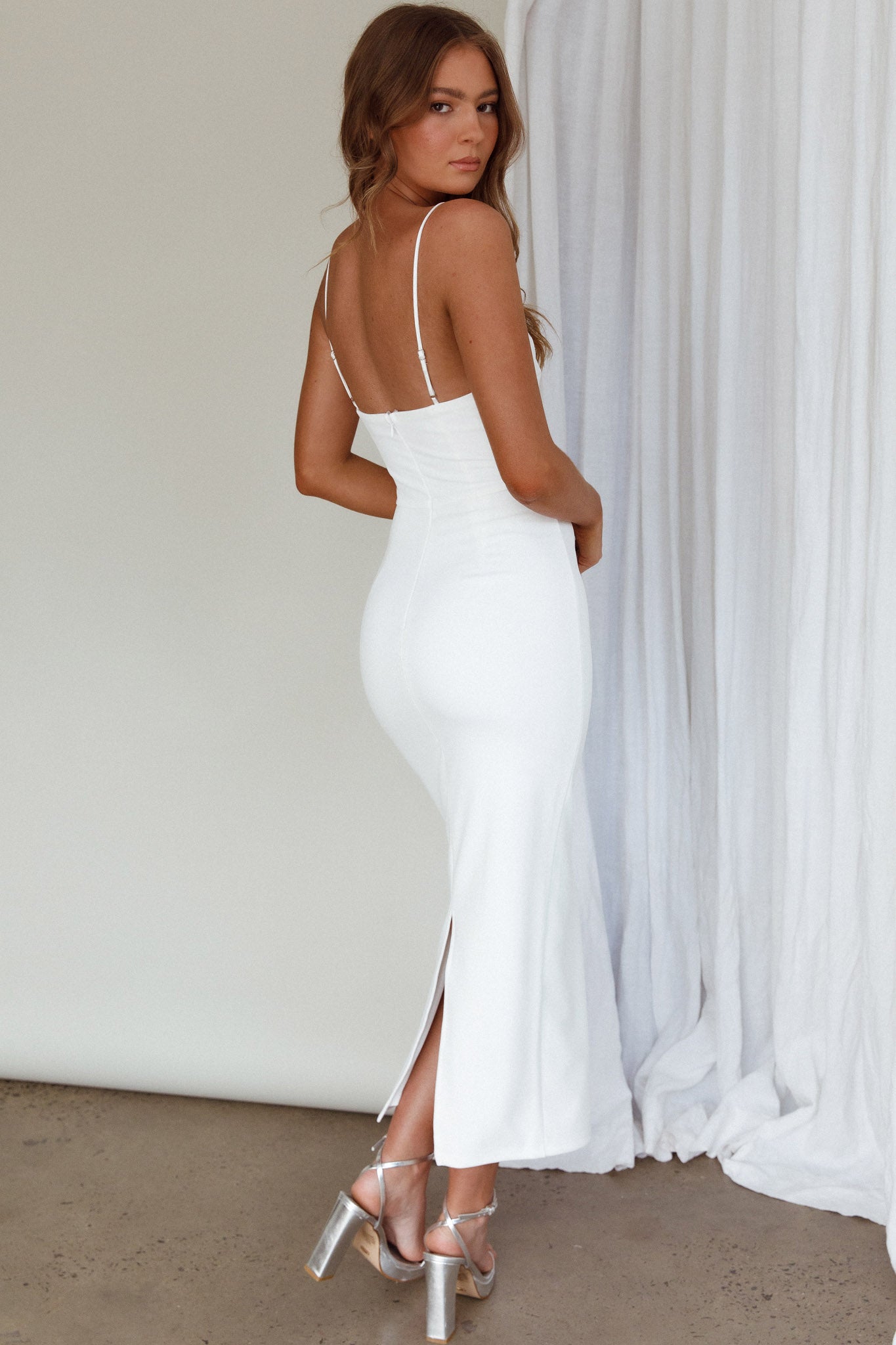 Esperance Diamante Trim Midi Dress White-Maymioy