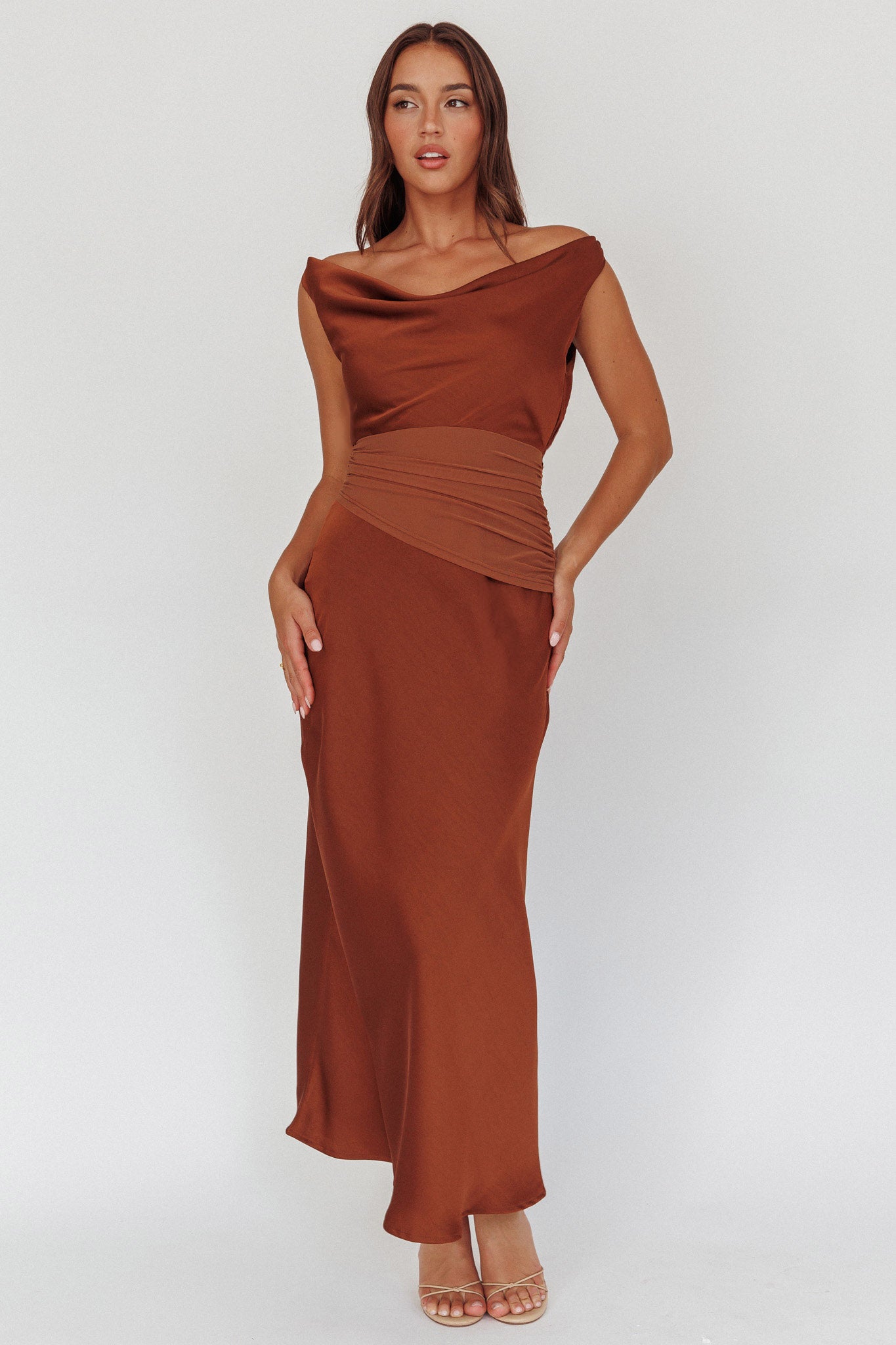 Isabella Open Cowl Back Maxi Dress Cocoa-Maymioy