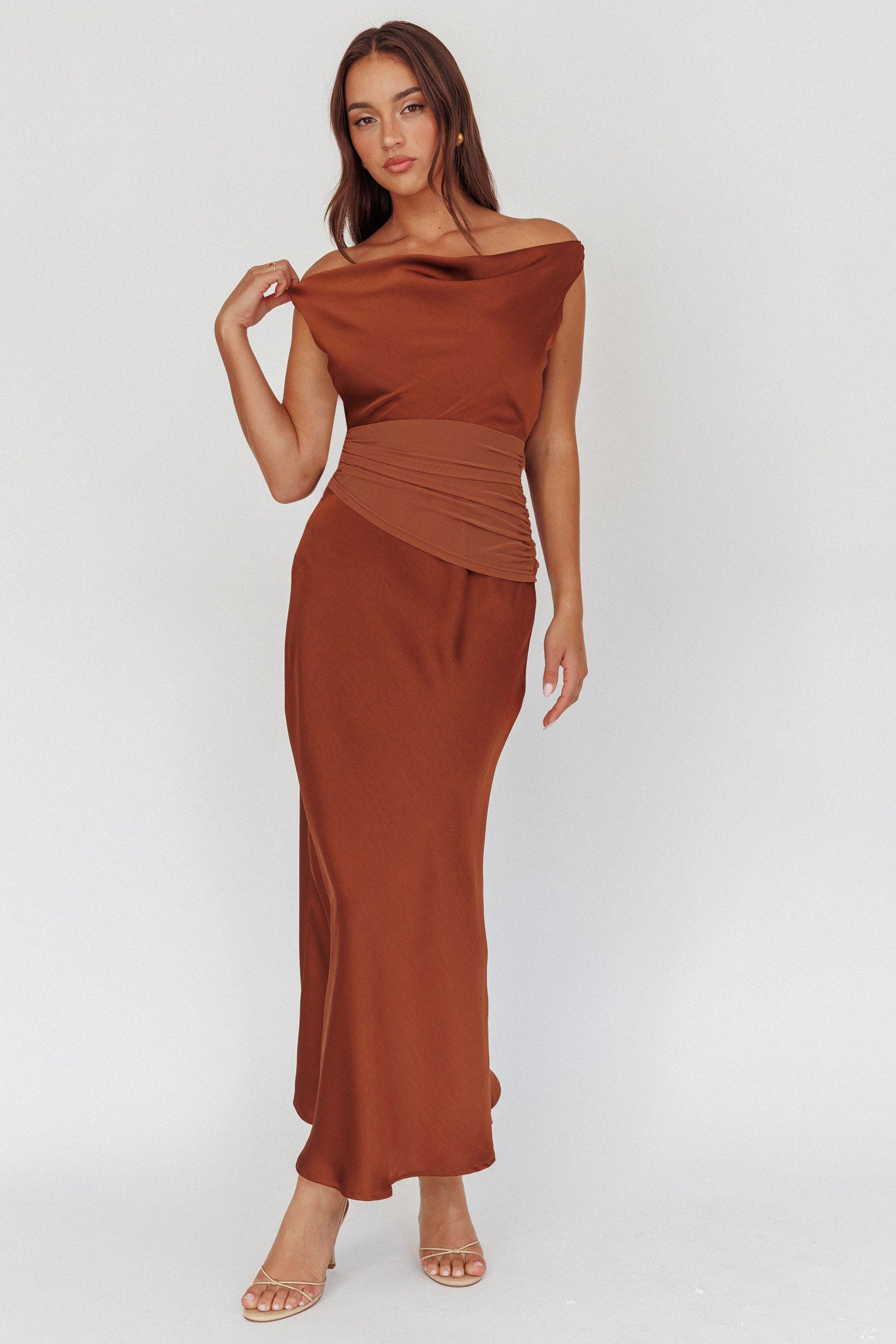 Isabella Open Cowl Back Maxi Dress Cocoa-Maymioy