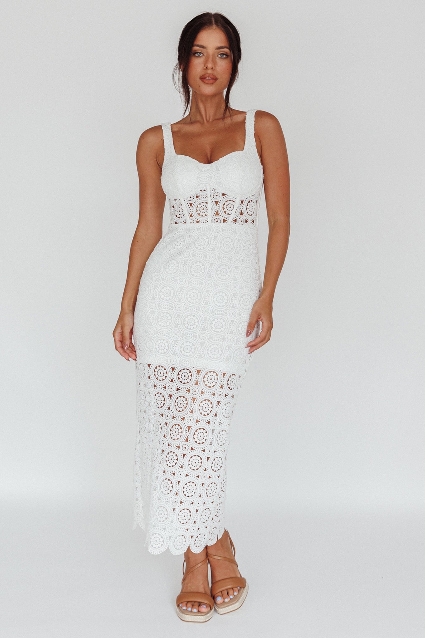 Milano Crochet Lace Midi Dress White-Maymioy