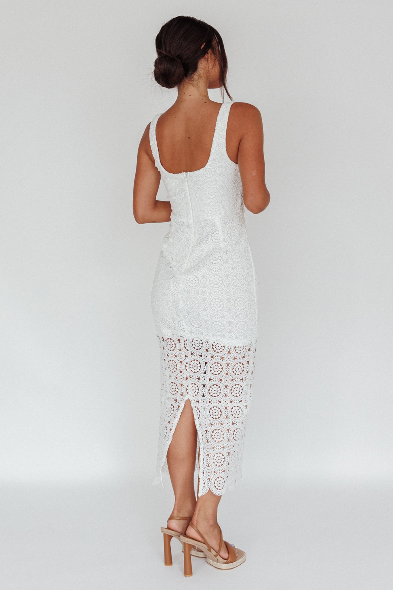 Milano Crochet Lace Midi Dress White-Maymioy