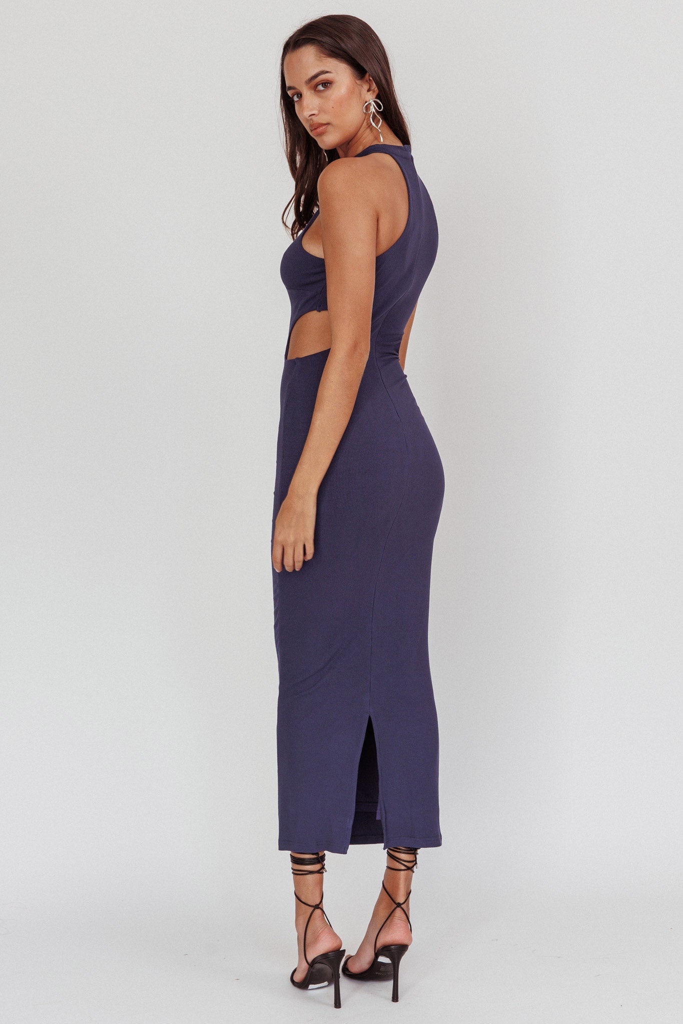 Estella Keyhole Ribbed Midi Dress Navy-Maymioy