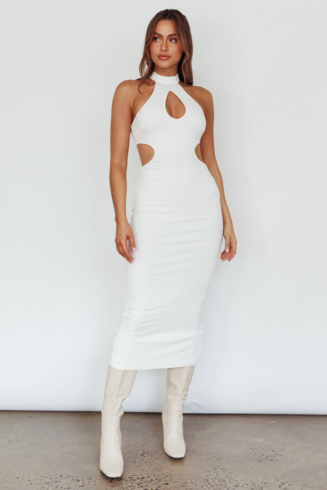 Estella Keyhole Ribbed Midi Dress White-Maymioy