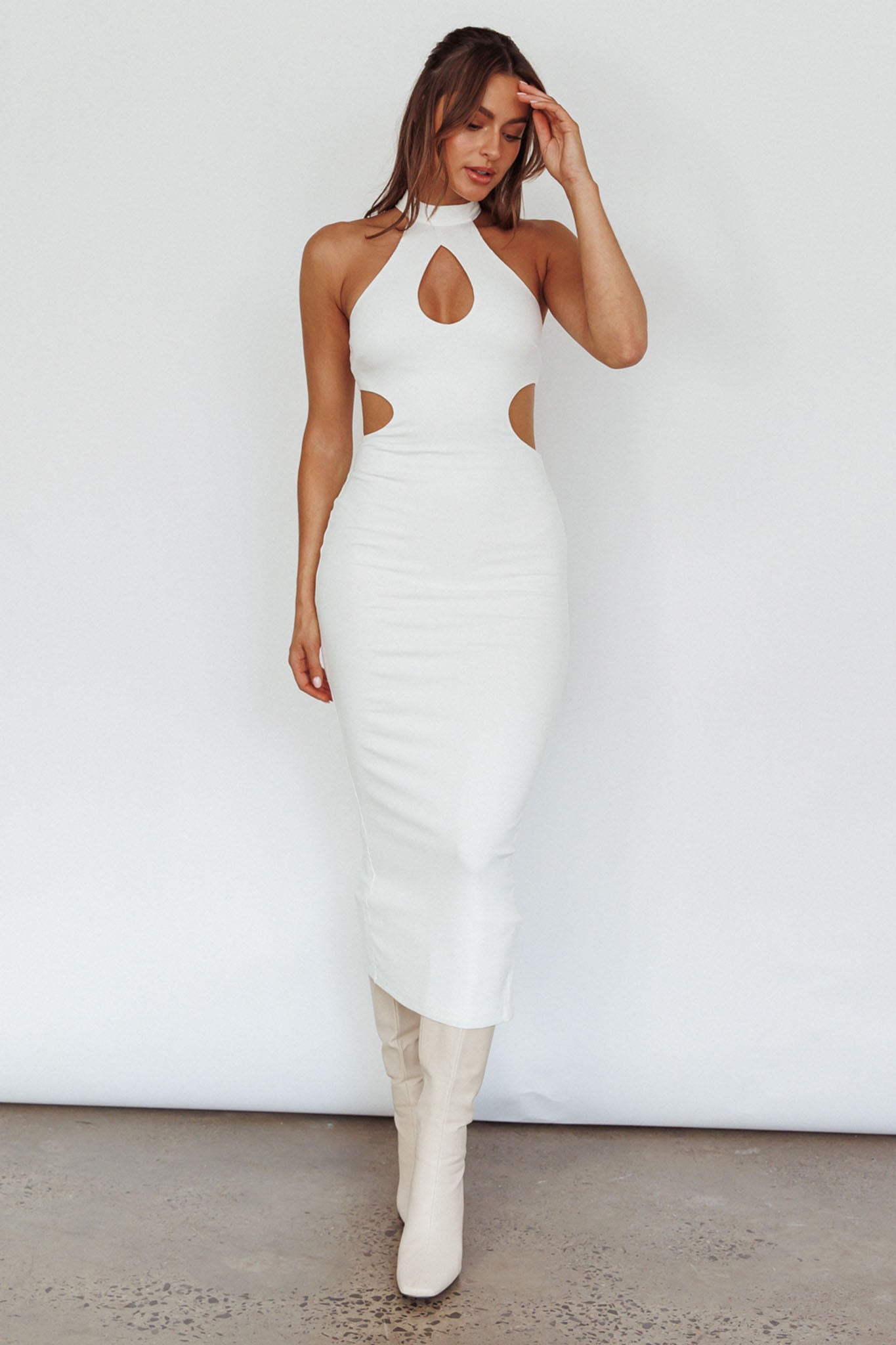 Estella Keyhole Ribbed Midi Dress White-Maymioy