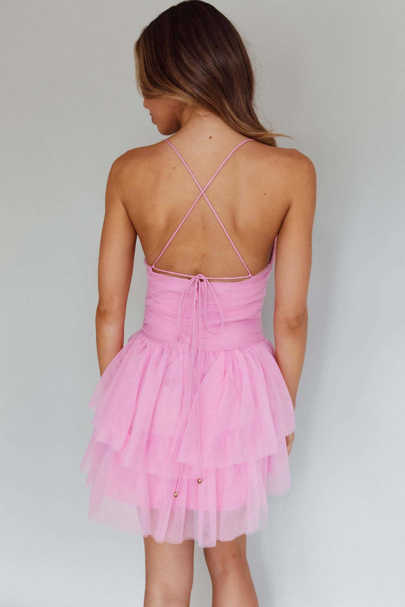 Nightingale Ruched Mesh Mini Dress Barbie Pink-Maymioy