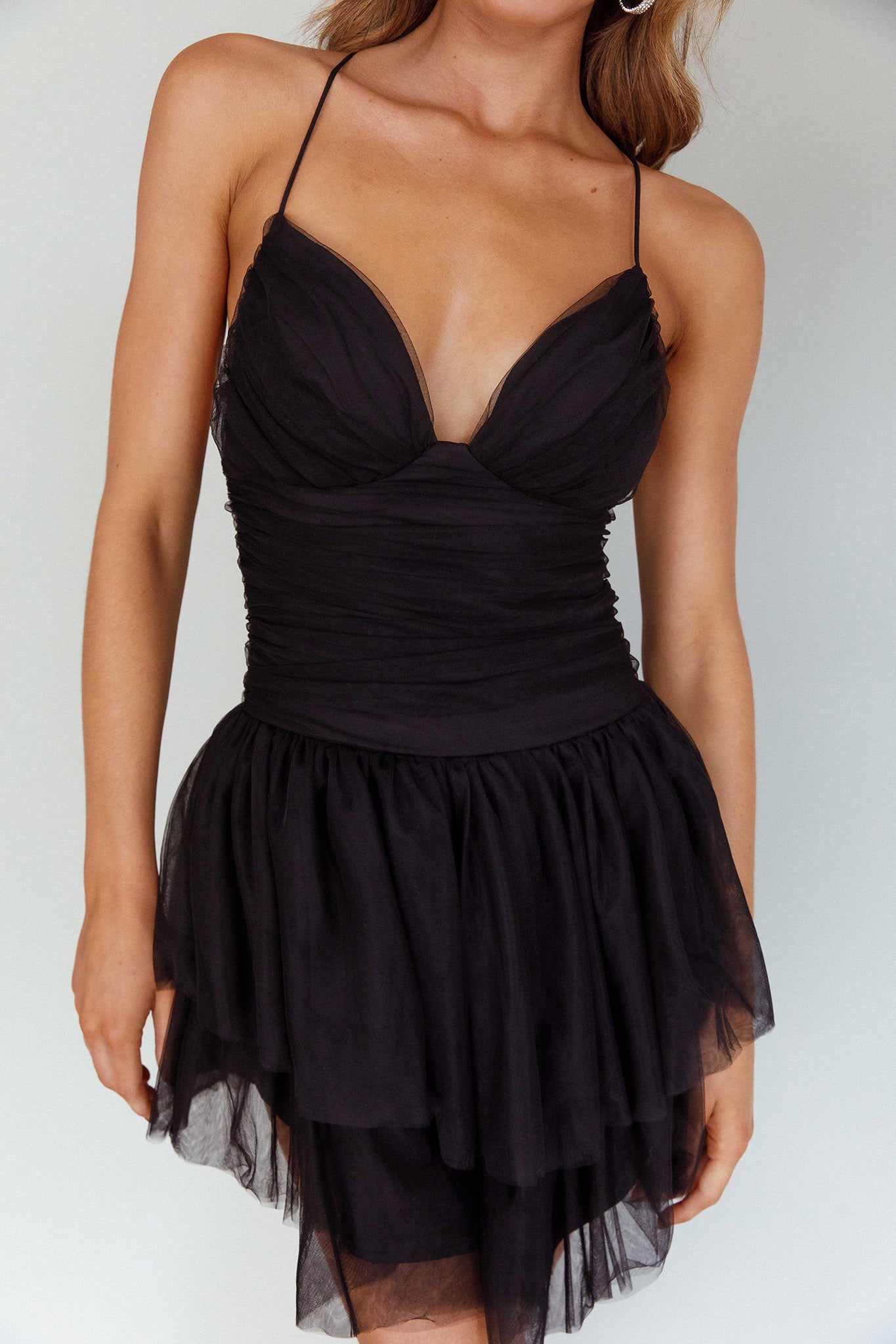 Nightingale Ruched Mesh Mini Dress Black-Maymioy