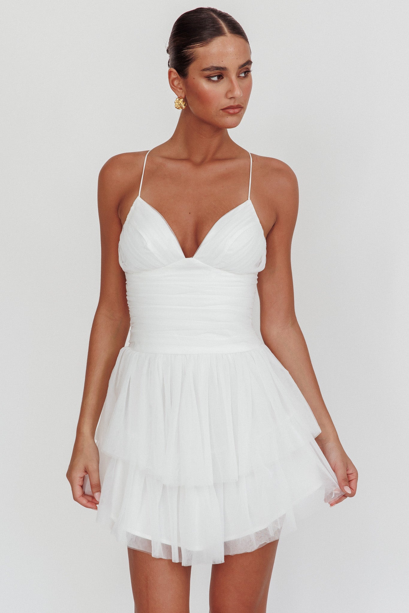 Nightingale Ruched Mesh Mini Dress White-Maymioy